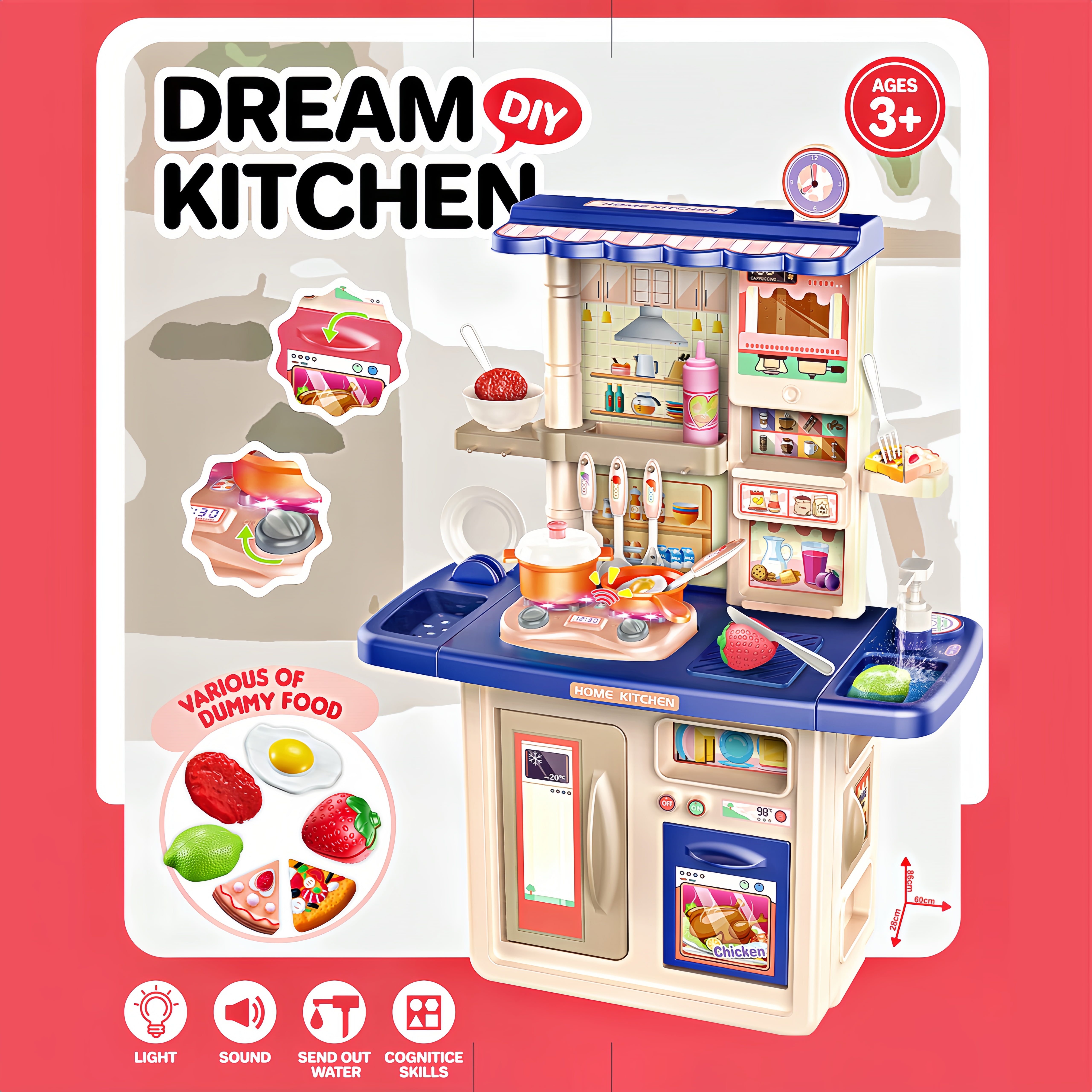 Beefunni 34 inch Blue Pretend Play Kitchen Toys Pretend Food Sets- Kitchen Toys for Kids Ages 2 3 4, Cooking Set for Toddlers 1-3, Play Kitchen Accessories Christmas Gifts Toys for Girls Boys 3+ - Image 4