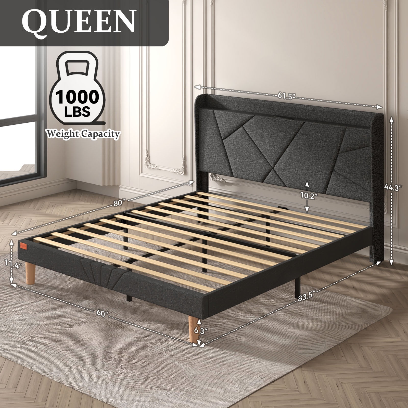 NISIEN Queen Bed Frame with Charging Station, Upholstered Platform Bed with Wingback Storage Headboard, Dark Gray - Image 8