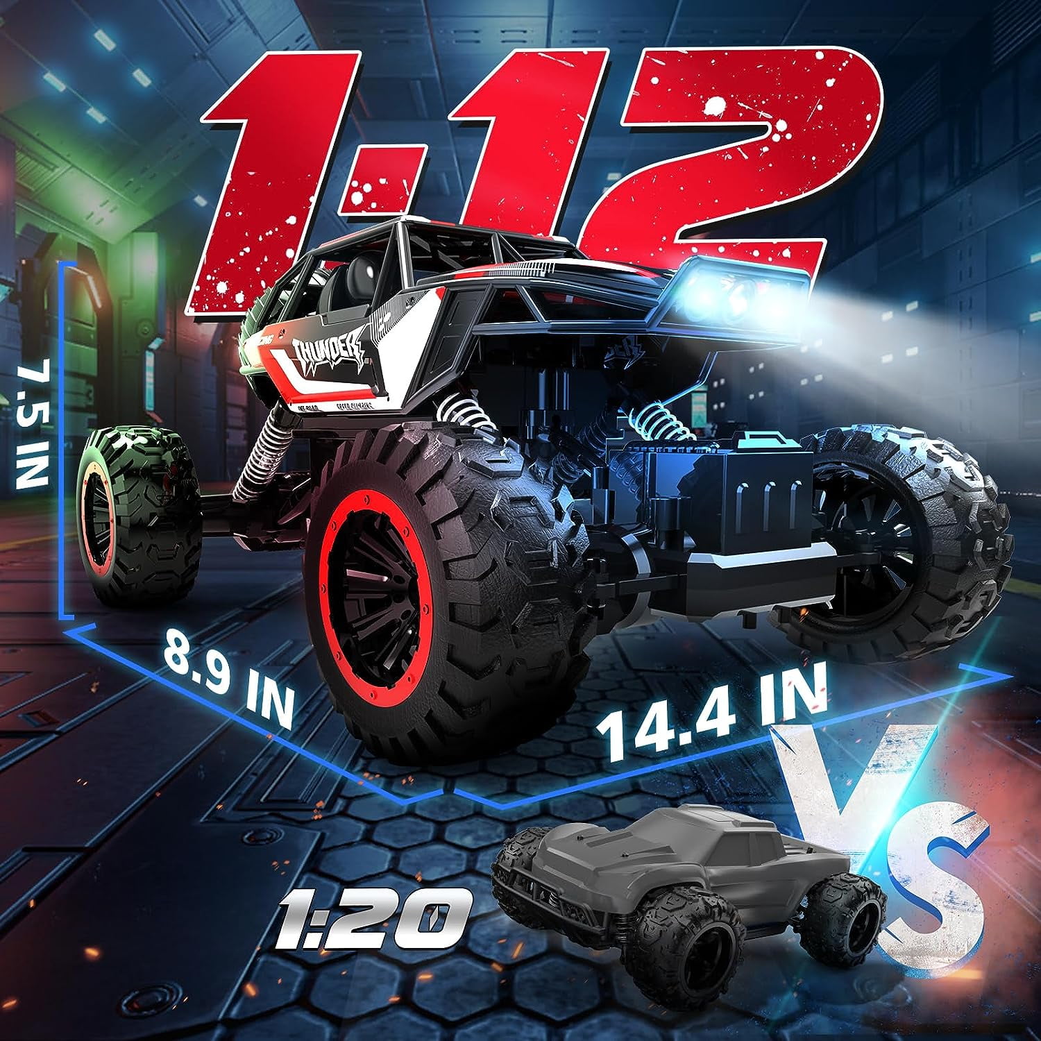 1:12 RC Cars 4WD off Road 2.4Ghz RC Monster Truck with Metal Shell and Light, Remote Control Car Crawler for Adult and Kid, 2 Batteries, Red - Image 2