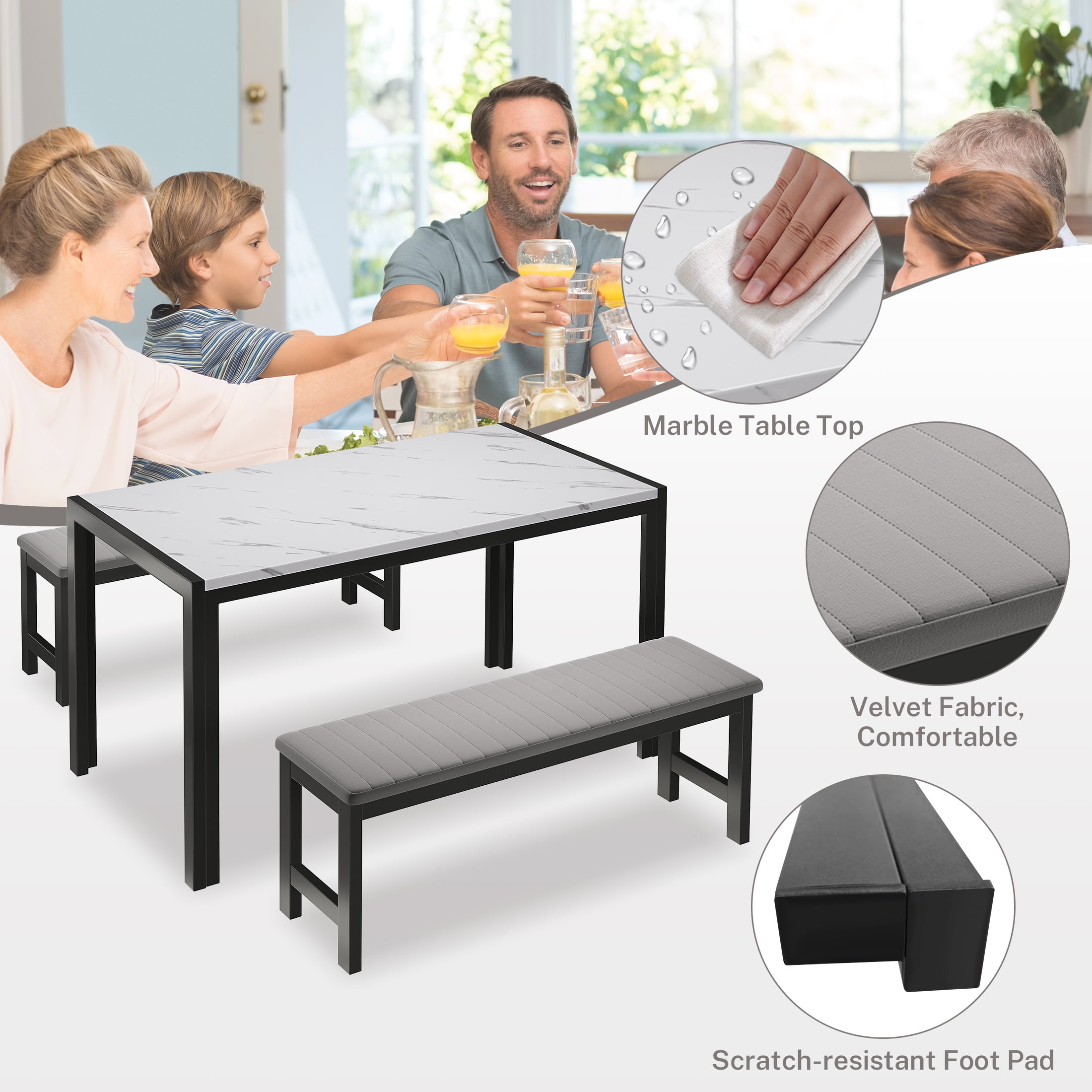 PORKISS Dining Table Set for 4, Faux Marble Kitchen Table Set with 2 Velvet Benches, Breakfast Nook Set for Small Spaces, 3 Piece Dining Room Table Set, White+Gray+Black #1 - Image 9
