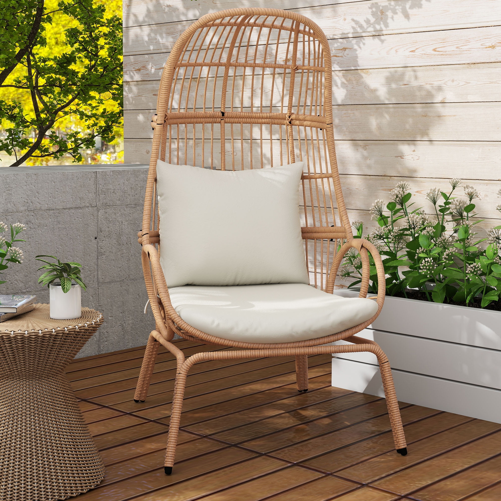 DEXTRUS Wicker Egg Chair with Cushions, Indoor Outdoor Patio Lounge Chair for Garden, Balcony, Beige - Image 4