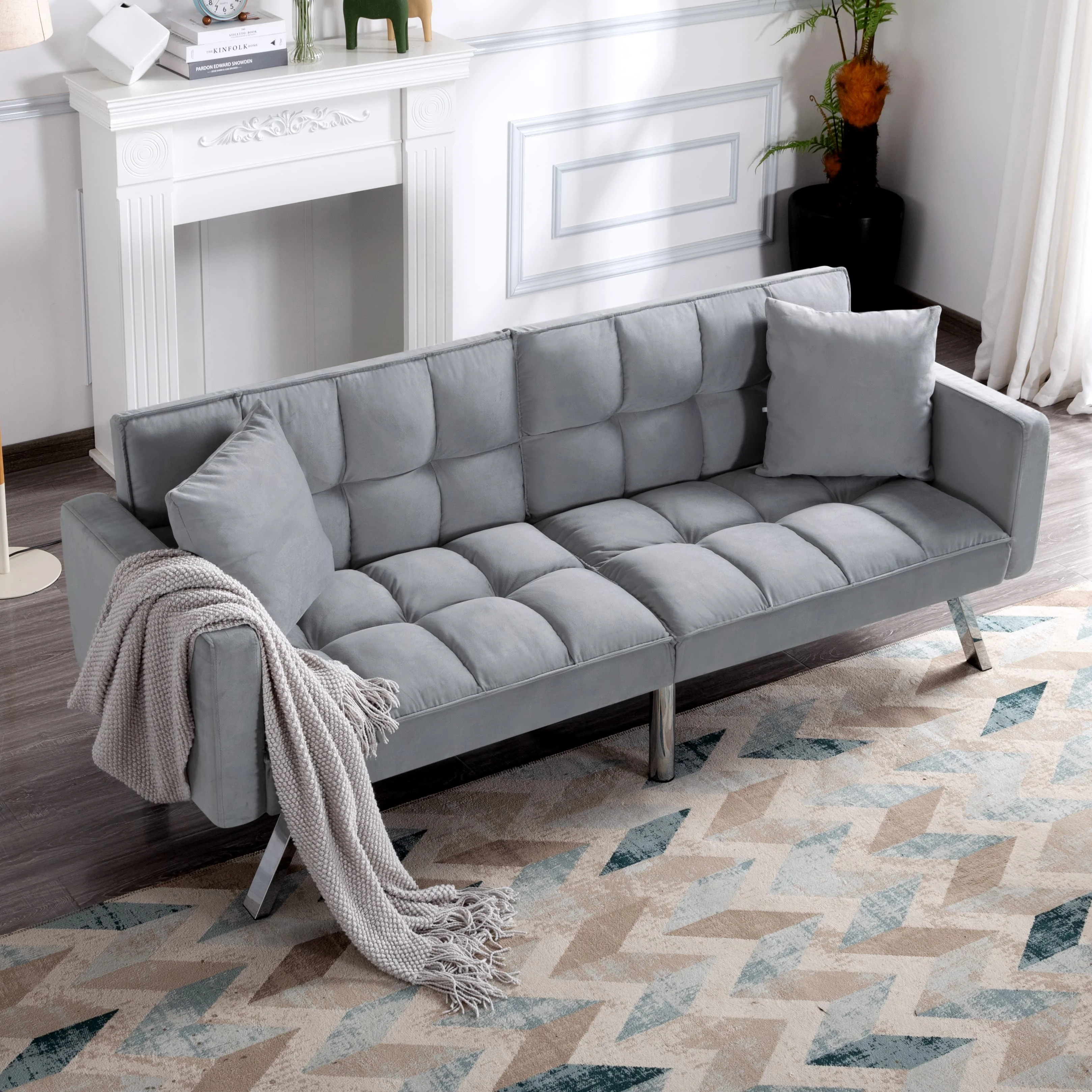 BSHTI 74” x 26.4” Futon Convertible Sofa, 3 Angles for Adjusting, Velvet Fabric, Square-Tufted Upholstery, with Silver Metal Legs, Twin Size Sleeper Sofa, Light Gray - Image 12