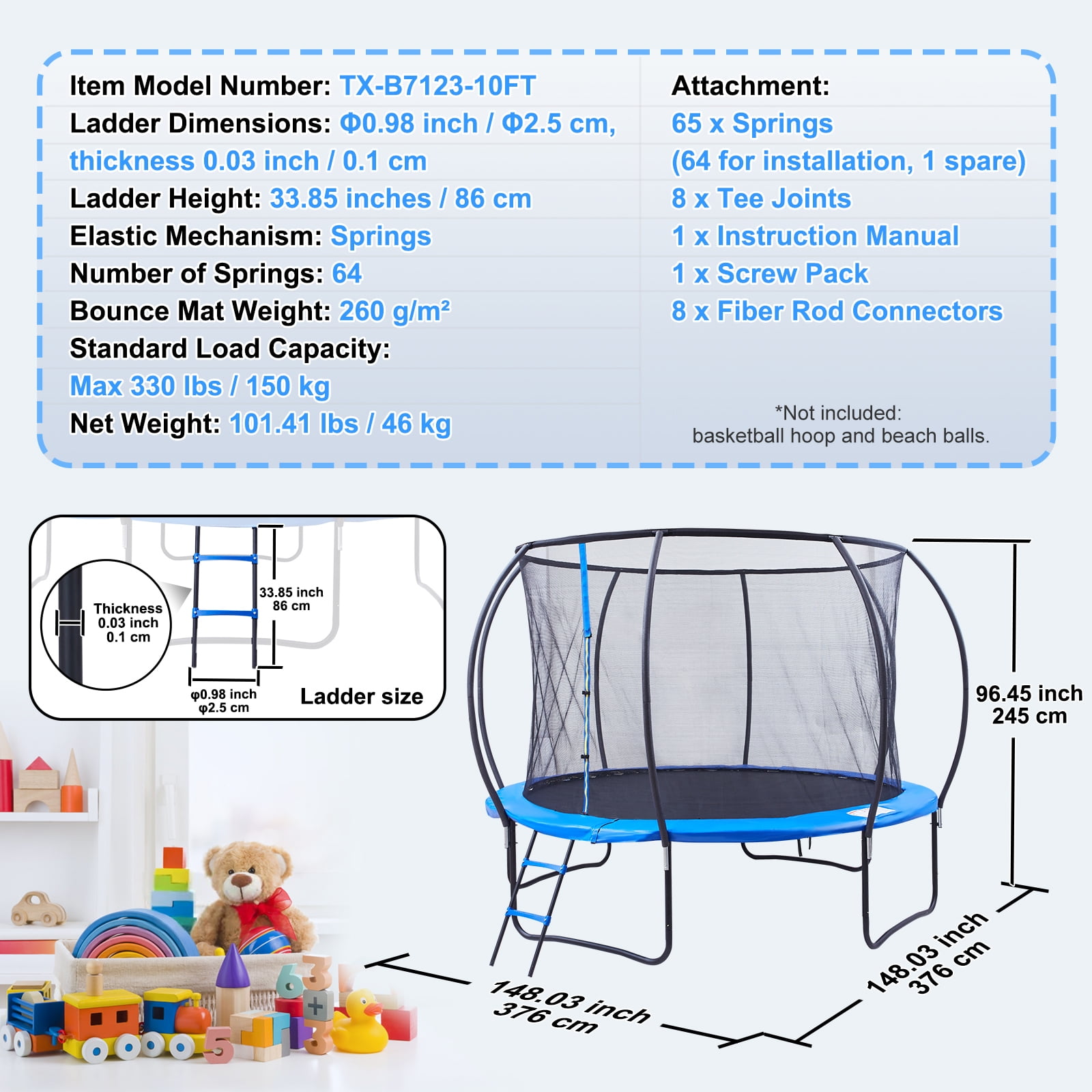 KFFKFF 10FT Outdoor Recreational Trampoline for Kids with safety Enclosure Net/Ladder Indoors Outdoors Free shipping! - Image 5