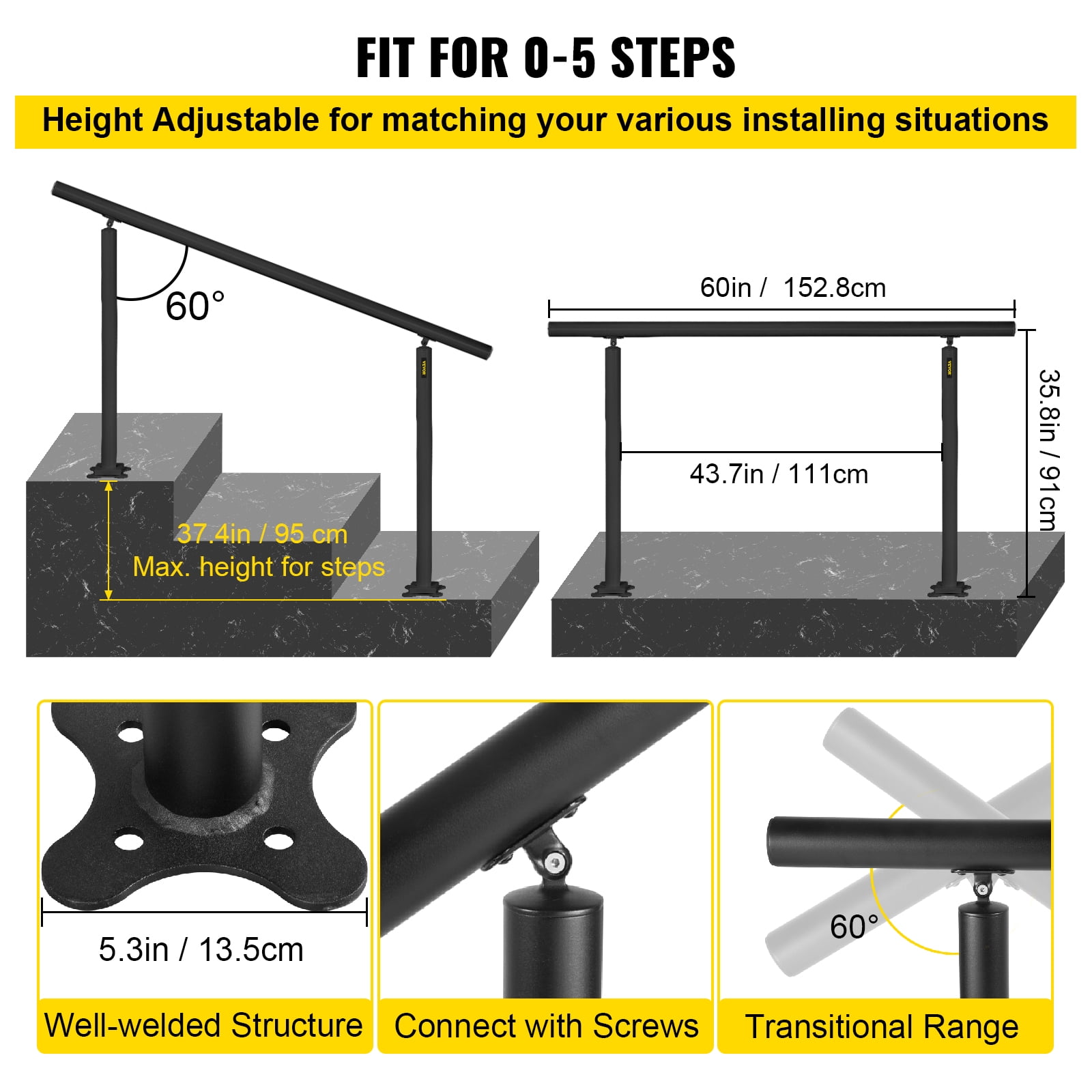VEVOR Stair Railing Kit, 5 ft Handrails for Outdoor 0-5 Steps, Adjustable Angle Black Aluminum Stair Handrail, Indoor & Outdoor Stairs for the Elderly - Image 3