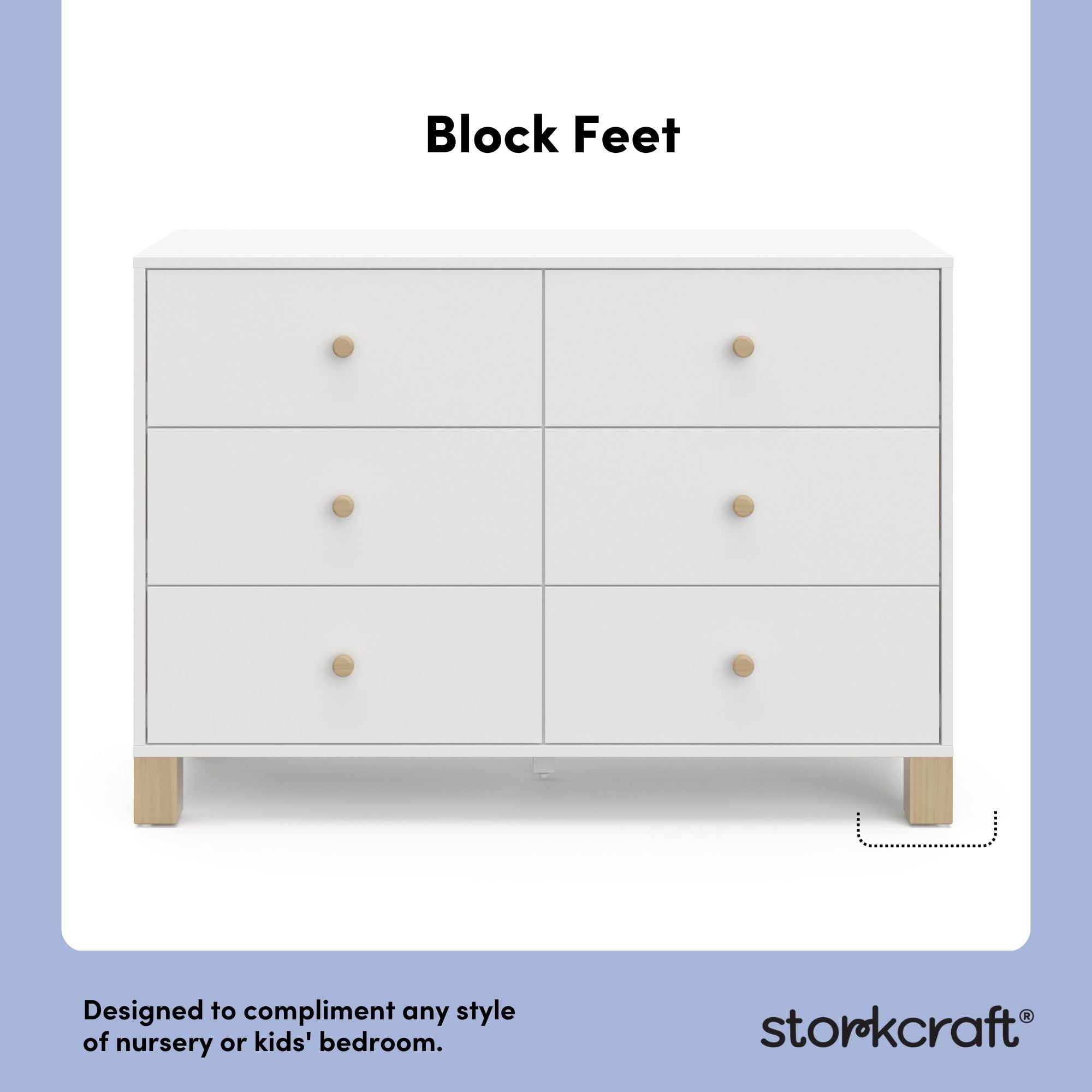 Storkcraft California 6 Drawer Nursery Wood Double Dresser, White with Driftwood - Image 12