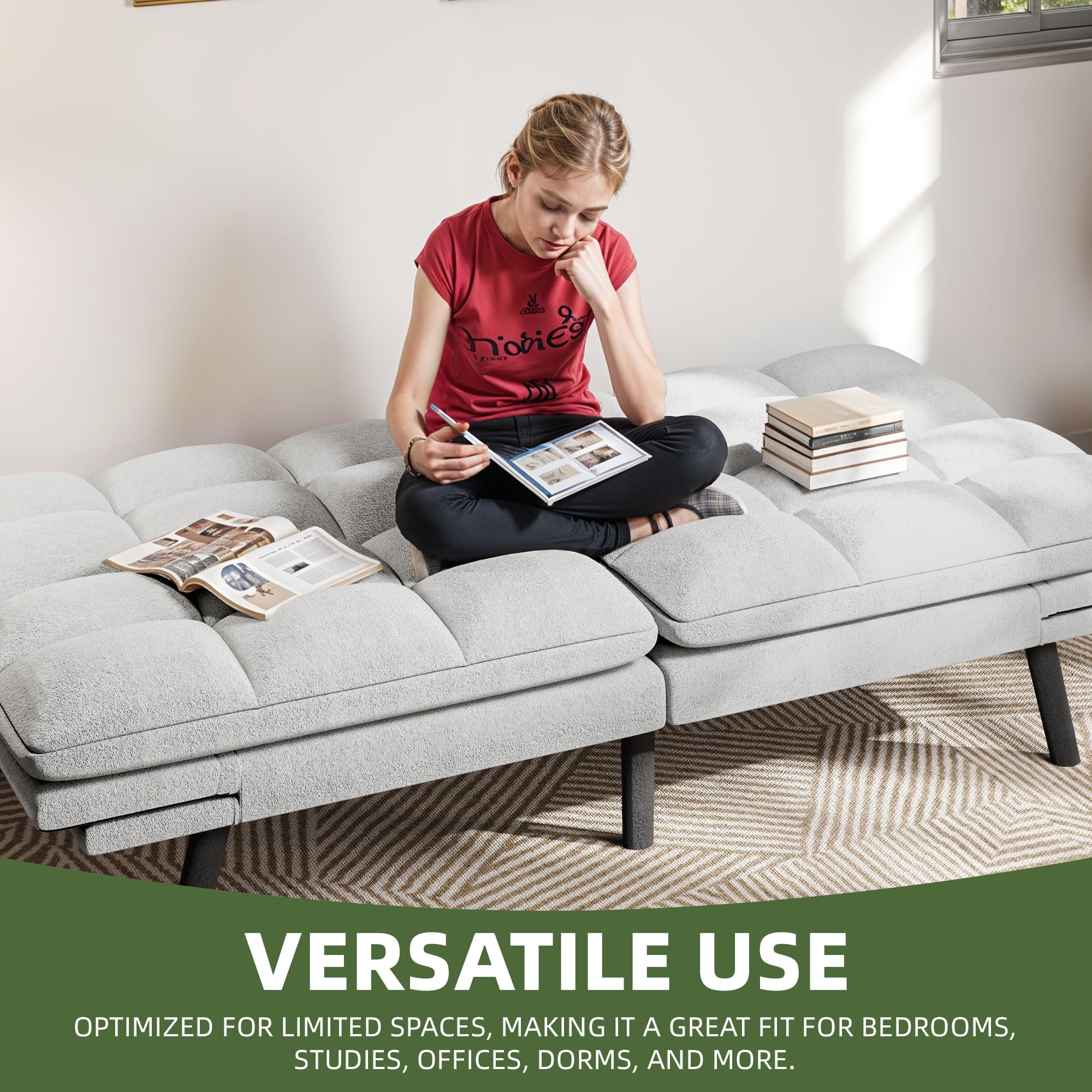 Uforic 70" Deep Futon Convertible Sofa Bed with Adjustable Backrest and Armrest, Cat-Scratch-Proof Fabric Sleeper Couch, Beige - Image 2