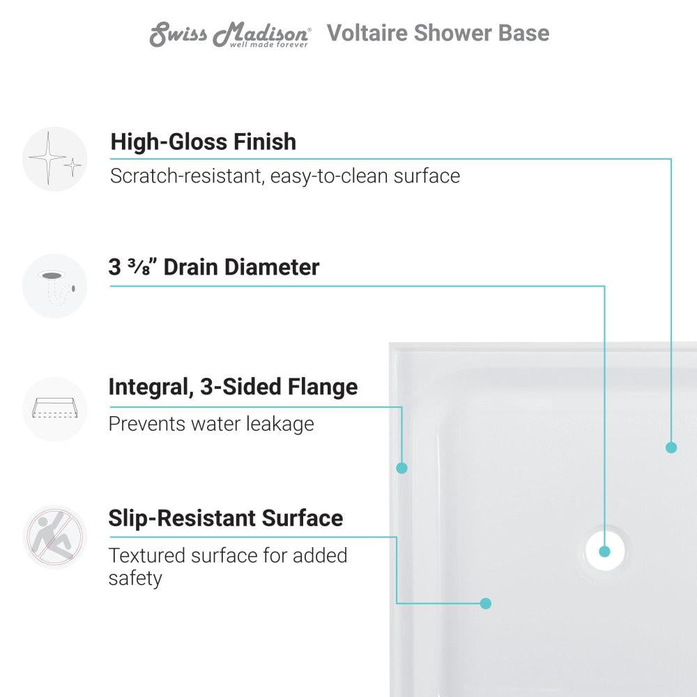 Voltaire 48" x 32" Acrylic White, Single-Threshold, Center Drain, Shower Base - Image 3