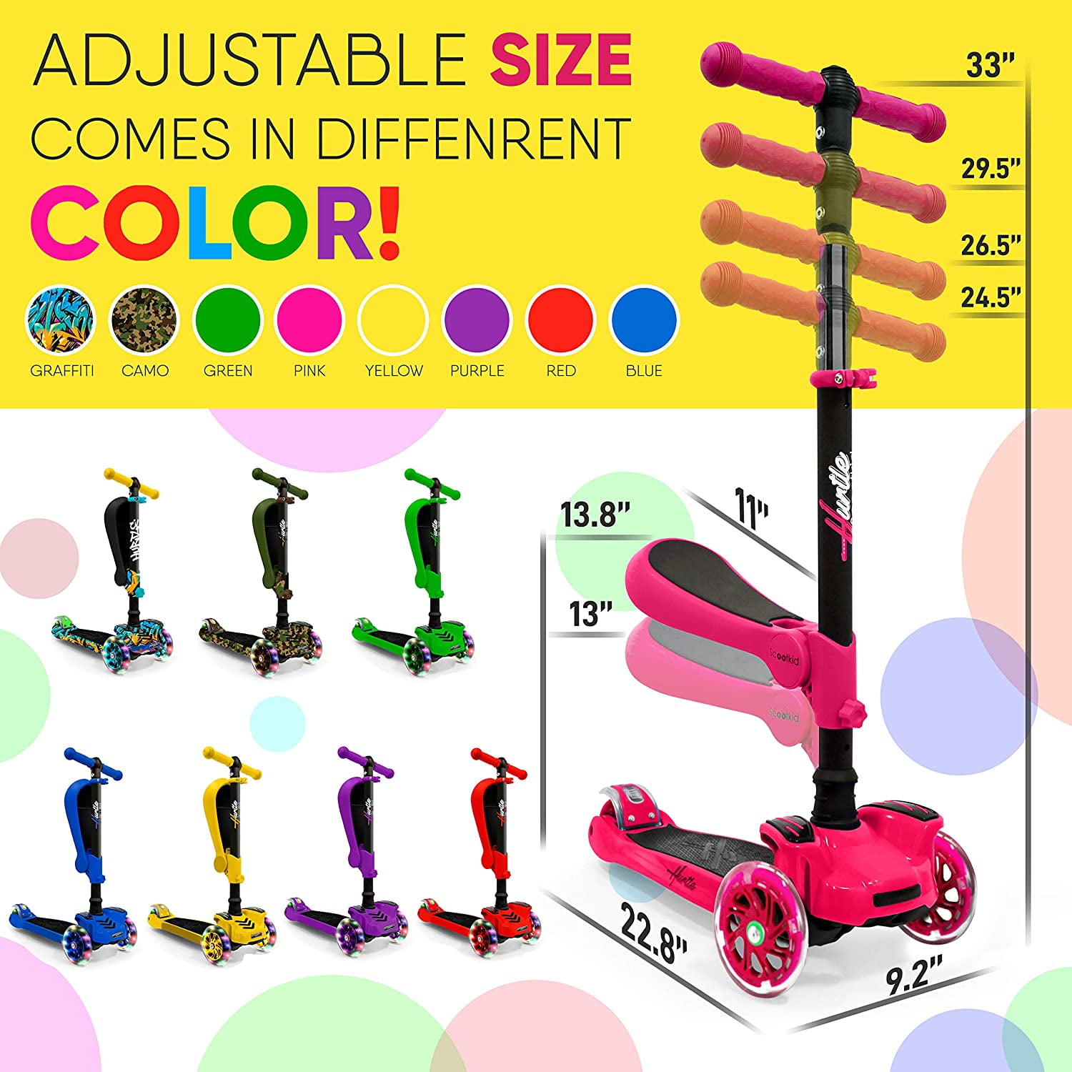 Hurtle 3-Wheeled Scooter for Kids - Wheel LED Lights, Adjustable Lean-to-Steer Handlebar, and Foldable Seat - Sit or Stand Ride with Brake for Boys and Girls Ages 1-14 Years Old (HURFS66) Pink - Image 4