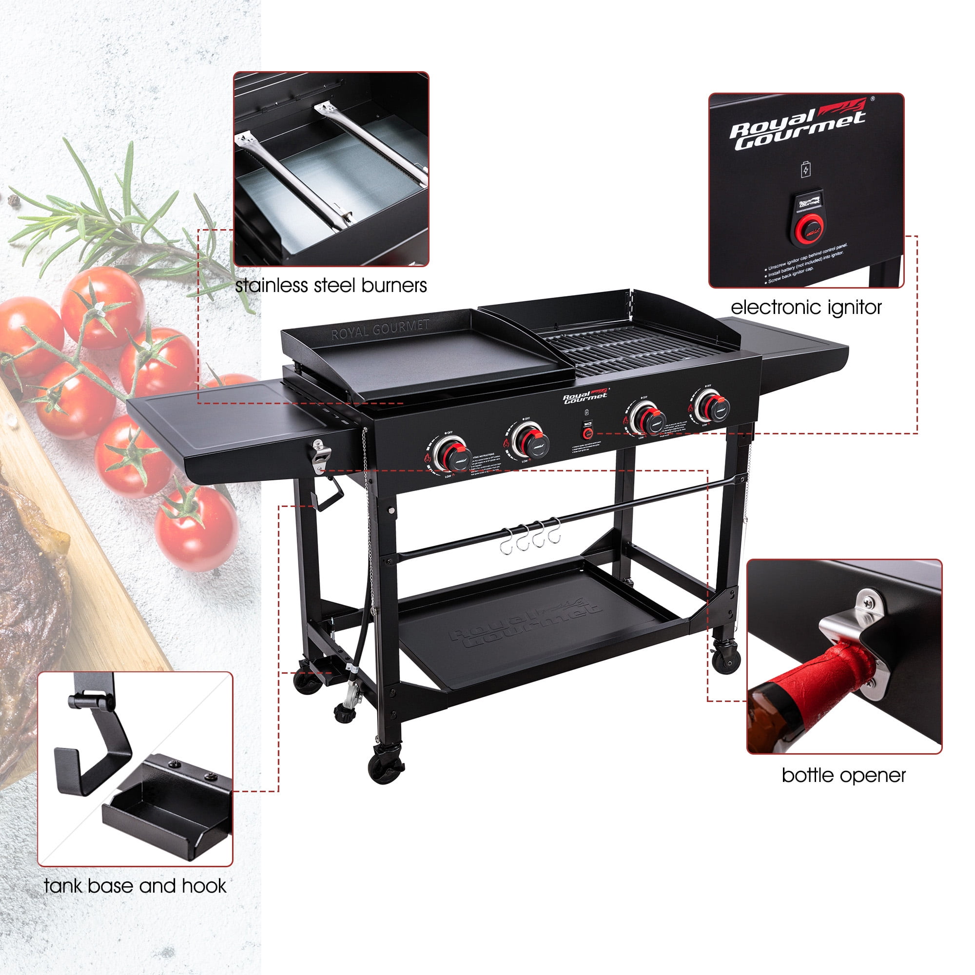 Royal Gourmet 4-Burner GD402 Portable Flat Top Gas Grill and Griddle Combo with Folding Legs, 48,000 BTU, Black - Image 2
