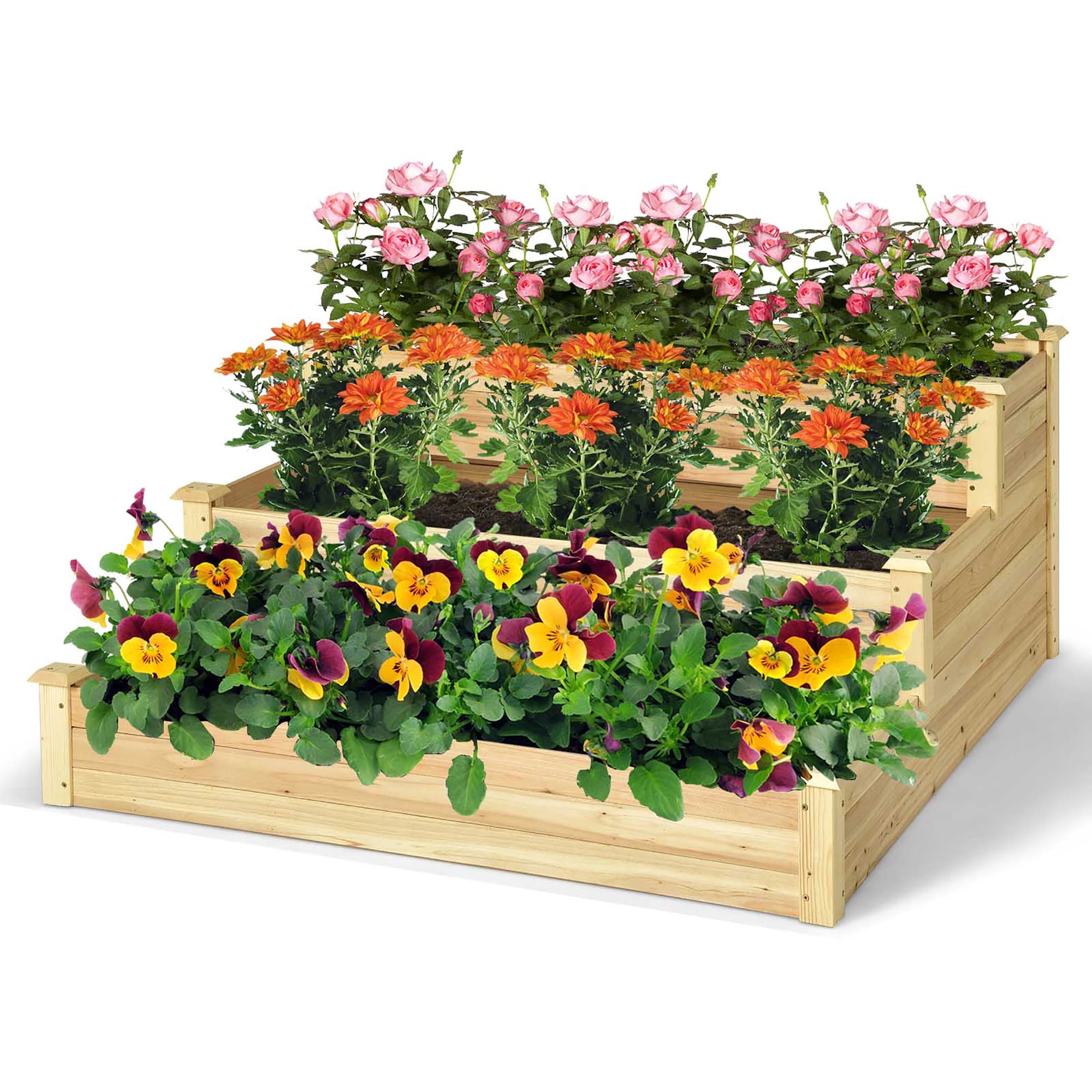 Costway 3-Tier Raised Garden Bed Wood Planter Kit for Flower Vegetable Herb 48x 48x 22in - Image 3