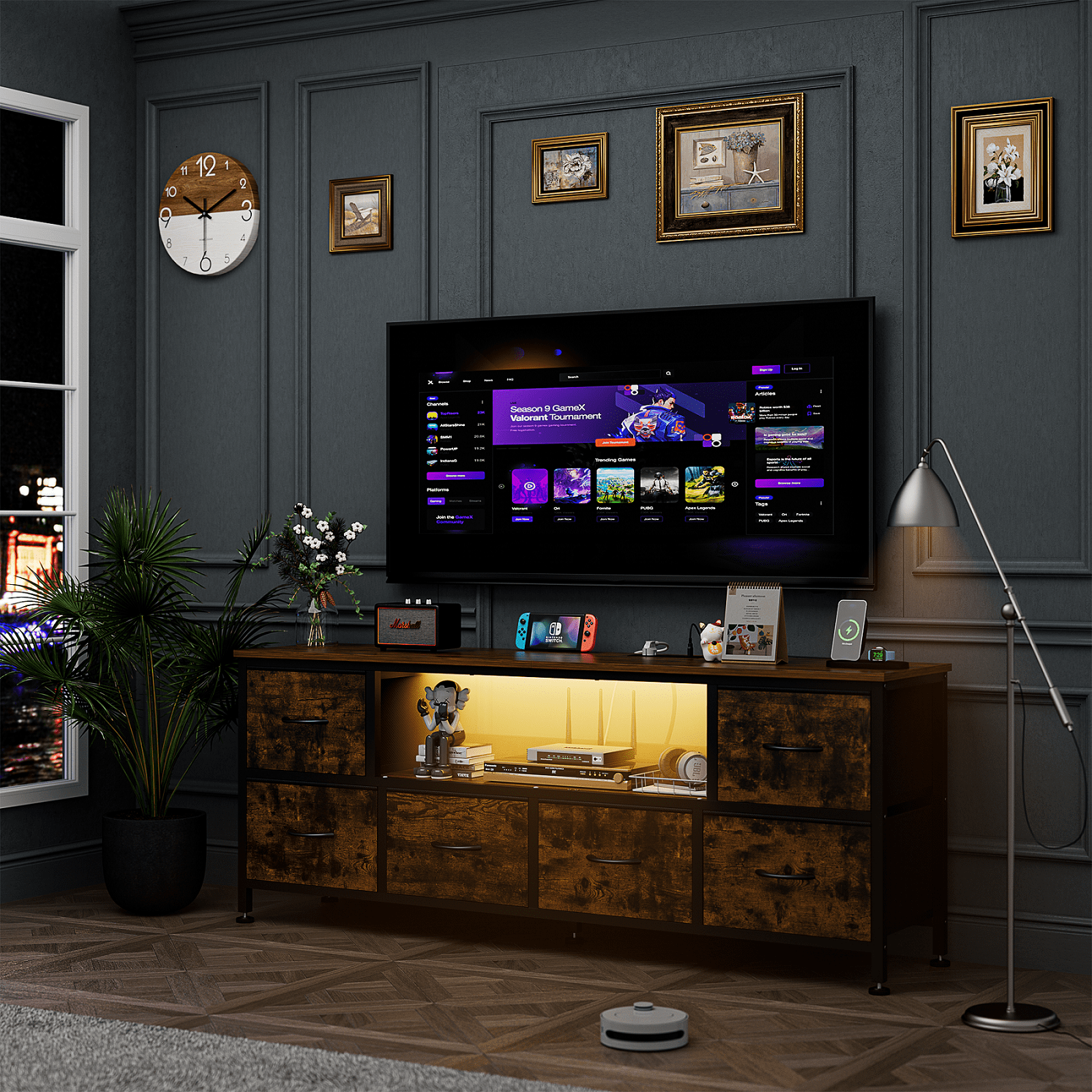 GIKPAL Dresser TV Stand with 6 Drawers, TV Stands for 55 inch TV, Brown Dresser Chest of Drawers, Fabric Dresser with LED Lights and Outlets - Image 3