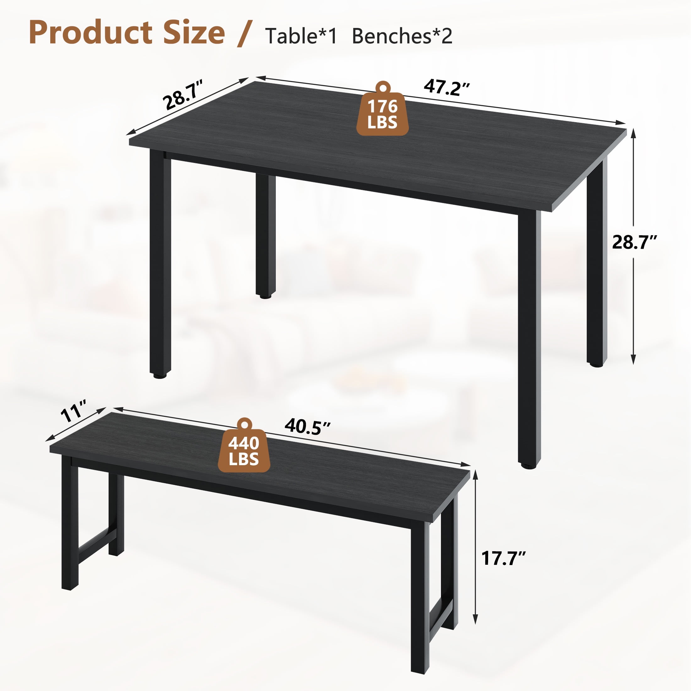 UHOMEPRO Dining Table Set for 4, 3-Piece Kitchen Table Set with 2 Benches, Modern Dining Room Table Set with Metal Frame, Breakfast Nook Furniture Set for Home Cafeteria Bar Dining Room, Black - Image 3