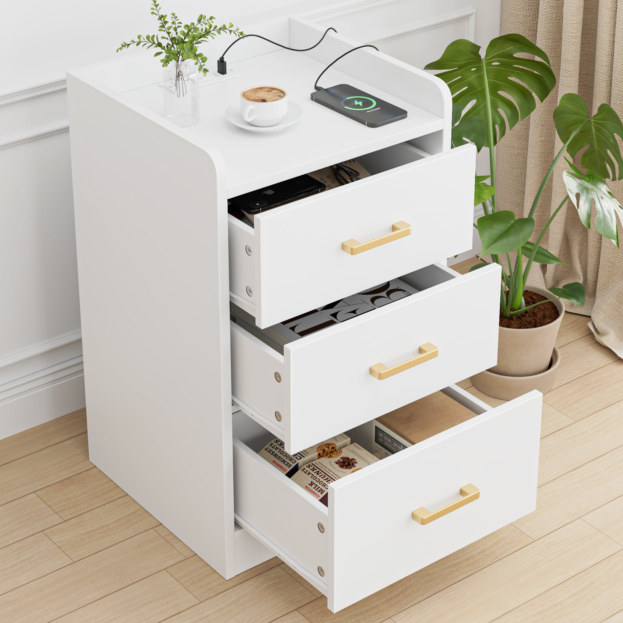 Homfa White Nightstand with Charging Station, 3 Drawers Nightstand for Bedroom, Modern Storage Cabinet for Living Room - Image 8