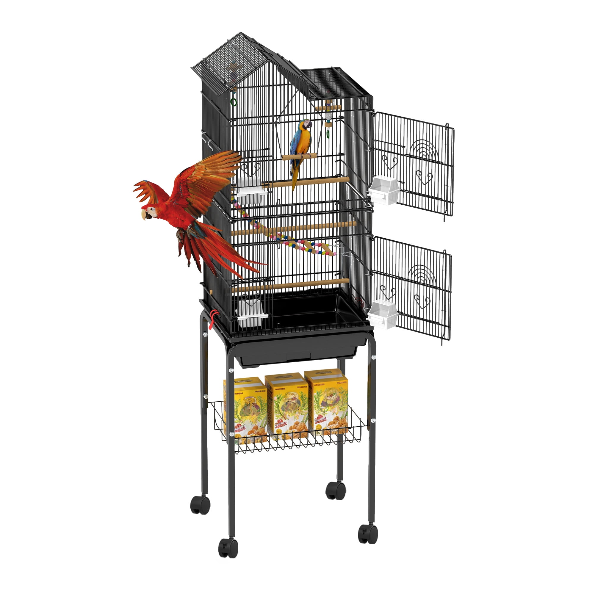 Uforic 62" Metal Birdcage with Rolling Stand and Castor Wheels, Large Parrot Cage with 3 Perches and 4 Feeders, Slide-Out Tray, Black - Image 6