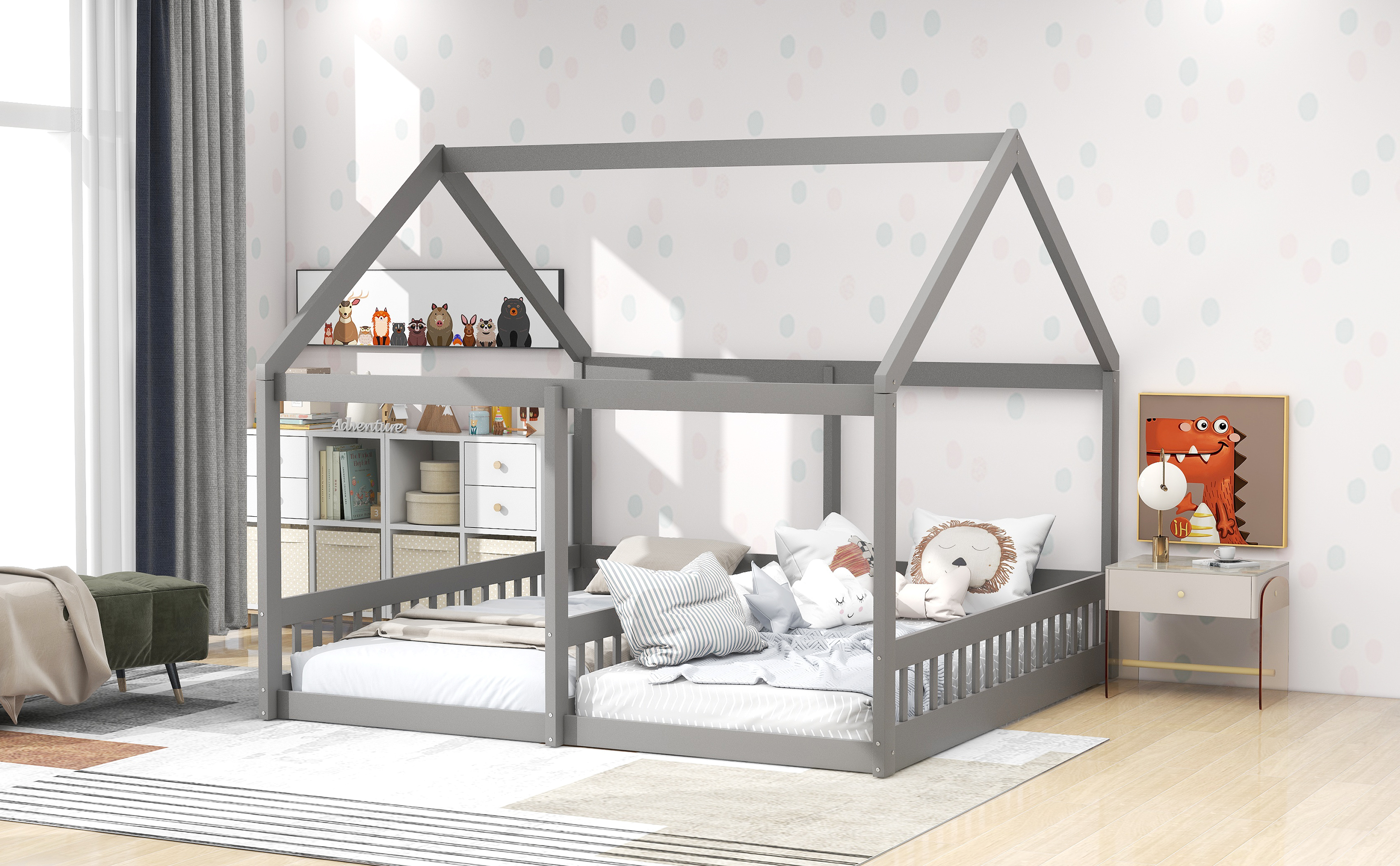 Euroco Modern Wood Two Beds in One Canopy Platform Bed, 2-in-1 Twin Size Bed for Kids Teens Bedroom, Gray - Image 5