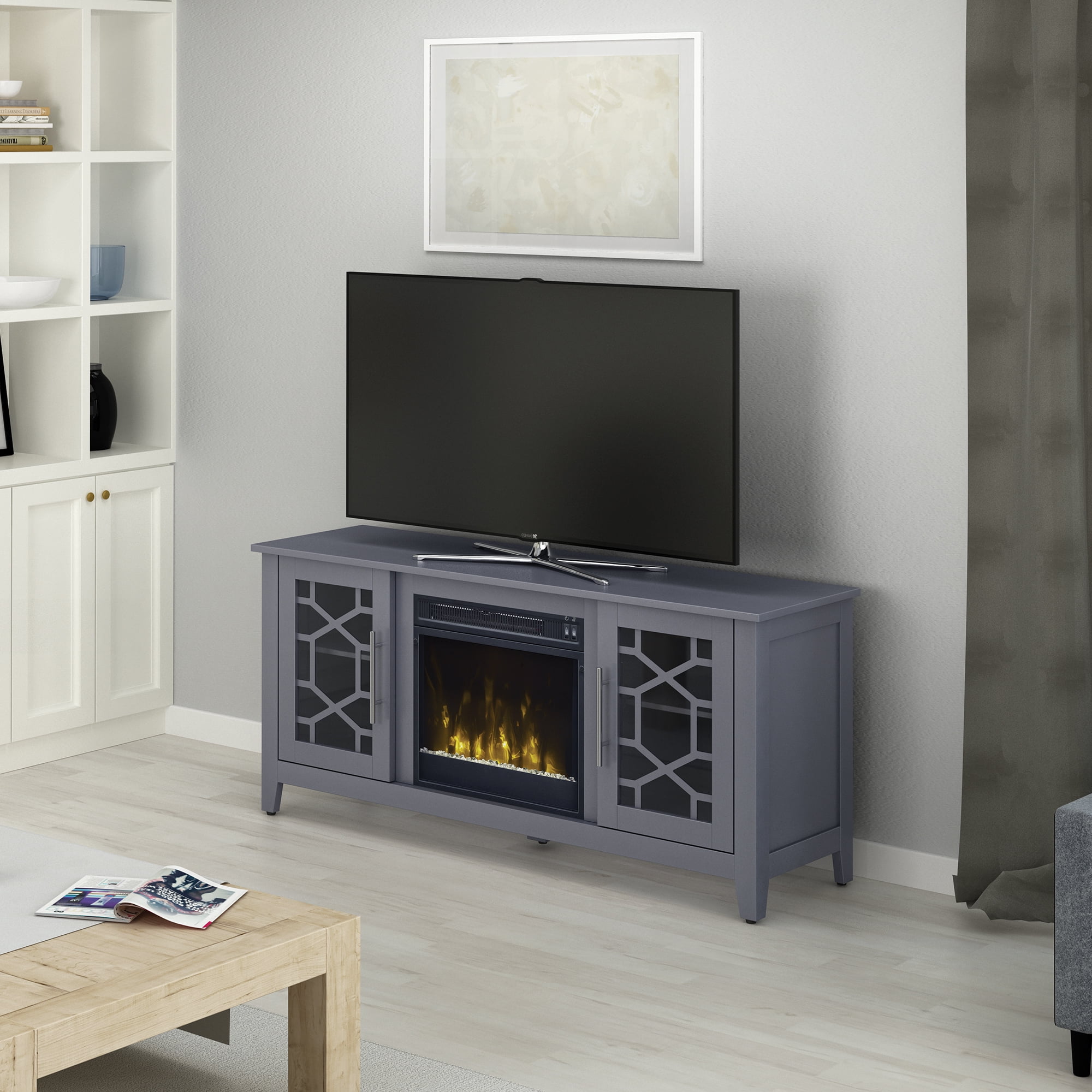Twin Star Home Elmhurst Fireplace TV Stand for TVs up to 60" with ClassicFlame Technology & Glass Doors, Cool Gray - Image 5