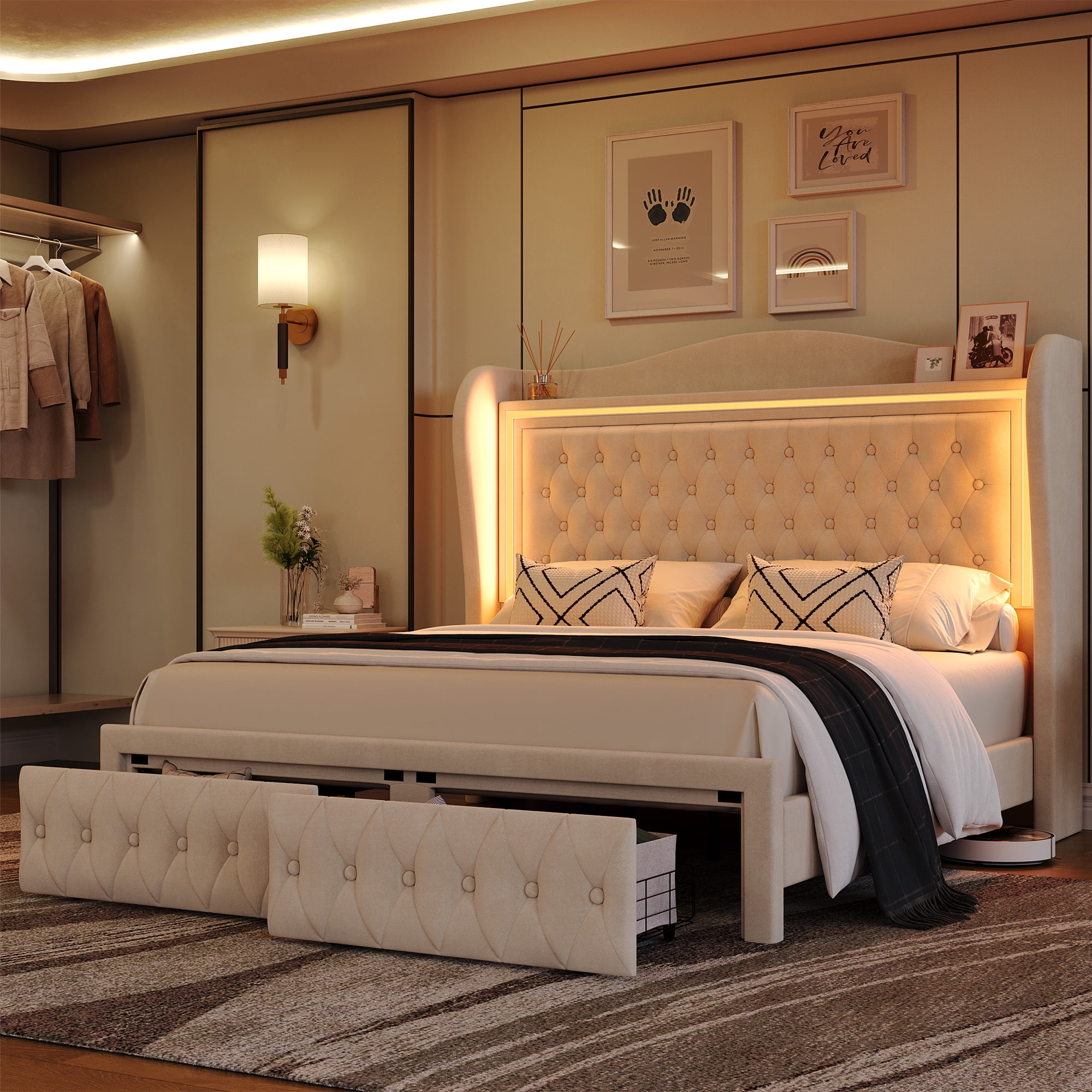 Homfa Queen Size LED Bed Frame with Storage Drawers, 54in Tall Velvet Upholstered Headboard Platform Bed with Wingback Buttons Headboard, Beige - Image 2