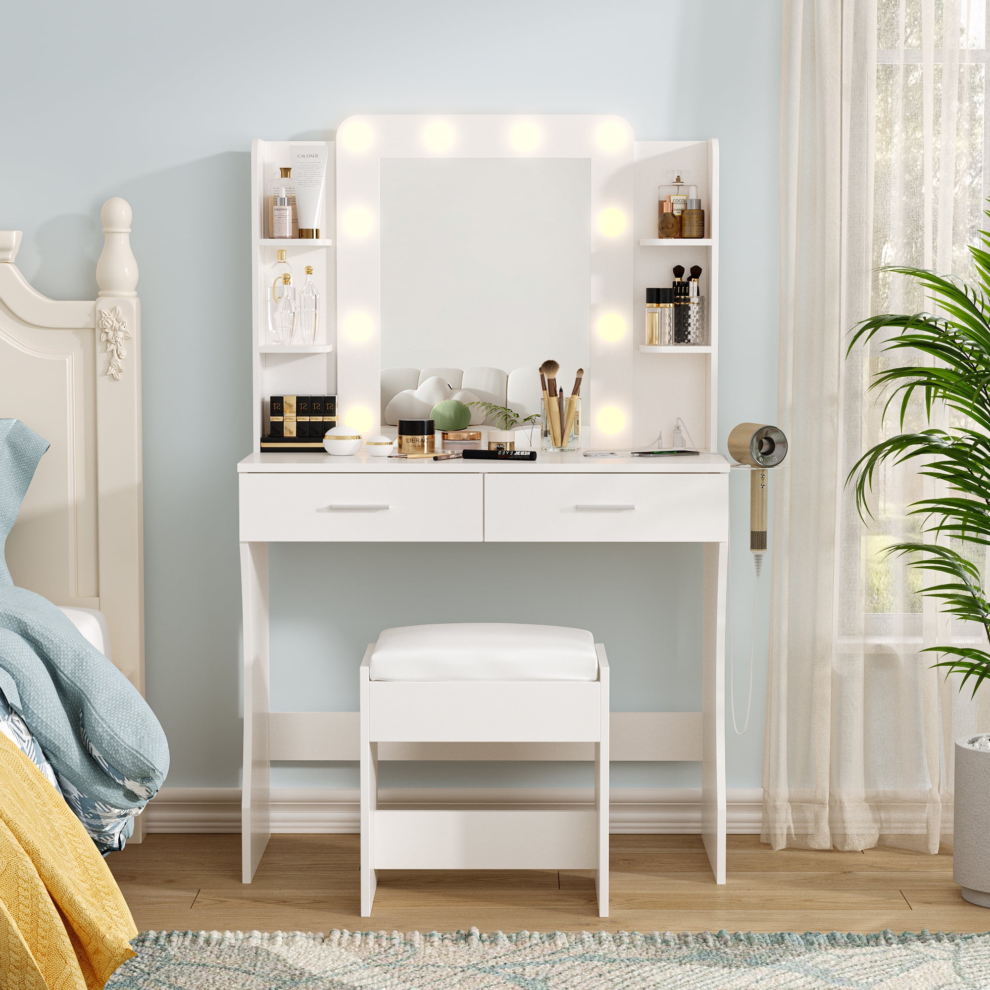 Vabches Vanity Set with Mirror and Lights & Power Outlet Makeup Vanity with 2 Drawers& 6 Shelves, White - Image 2