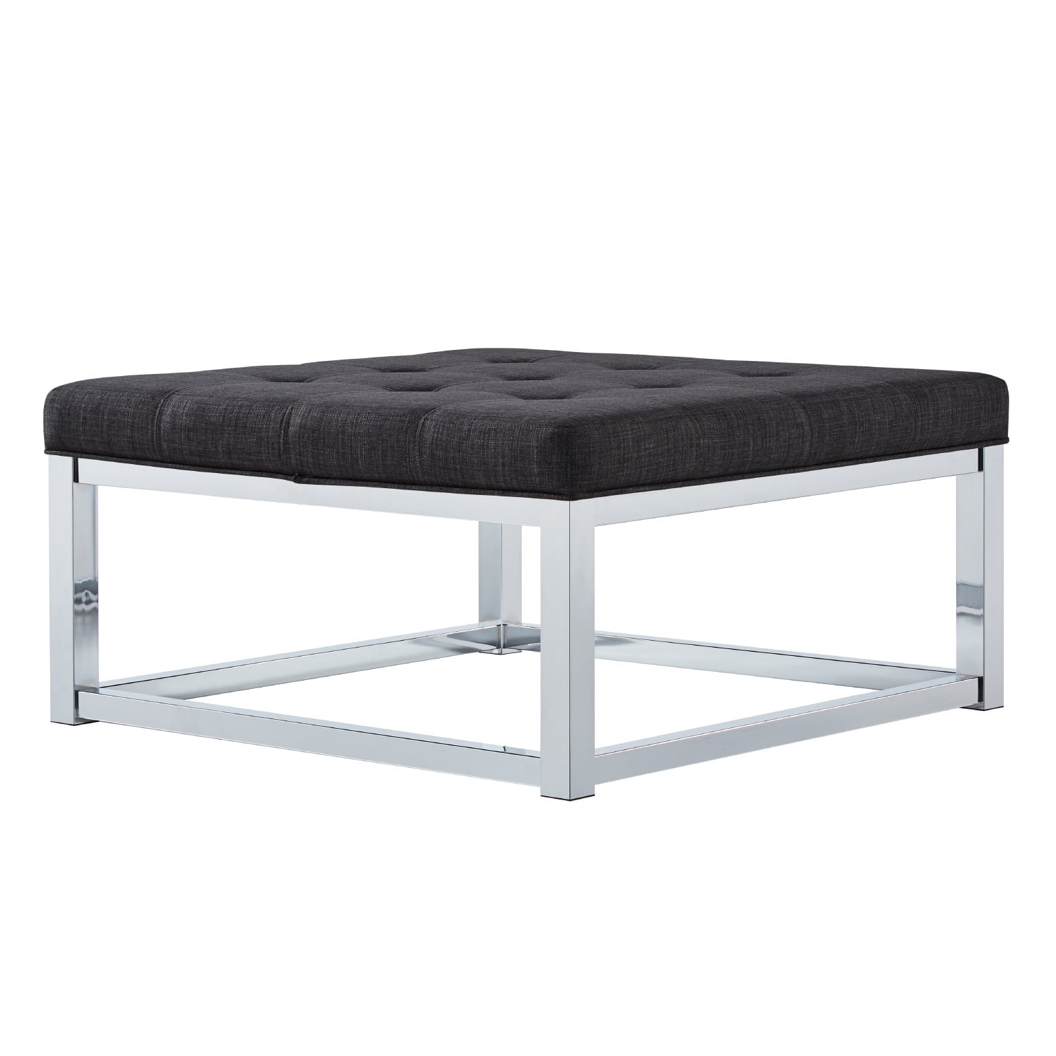 Weston Home Libby Dimpled Tufted Cushion Ottoman Coffee Table with Chrome Metal Straight Base, Dark Grey Linen - Image 2