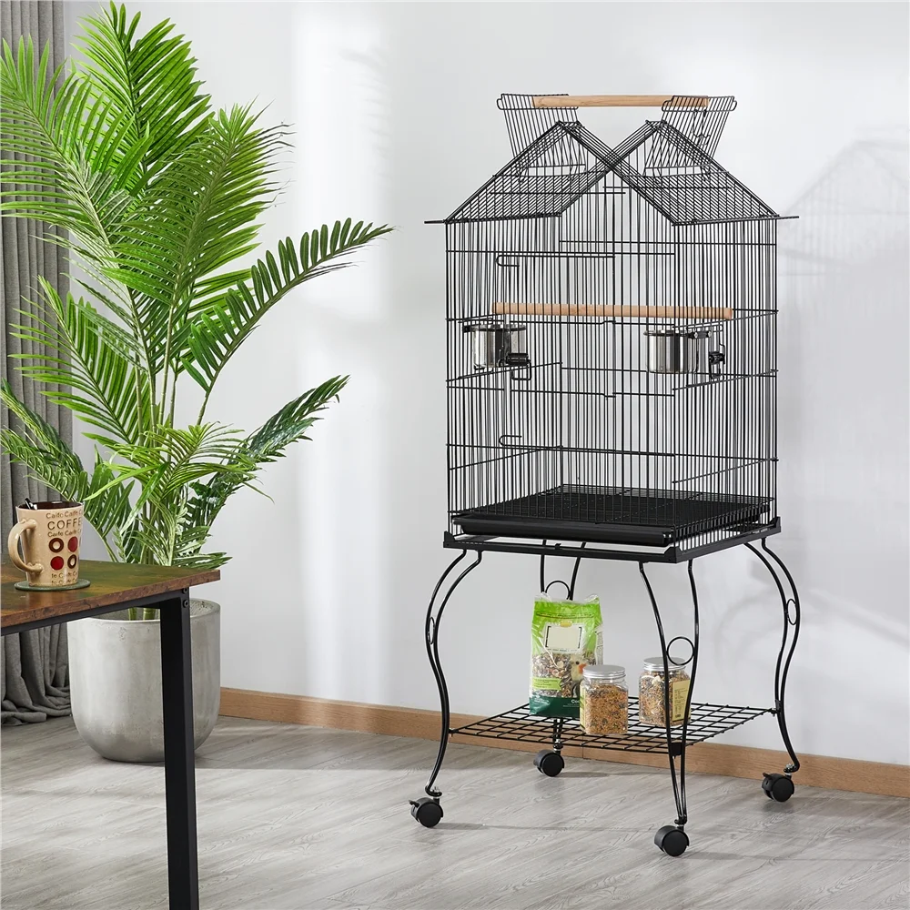 Alden Design 57" Rolling Metal Parrot Cage Bird with Open Top, Black - Image 8