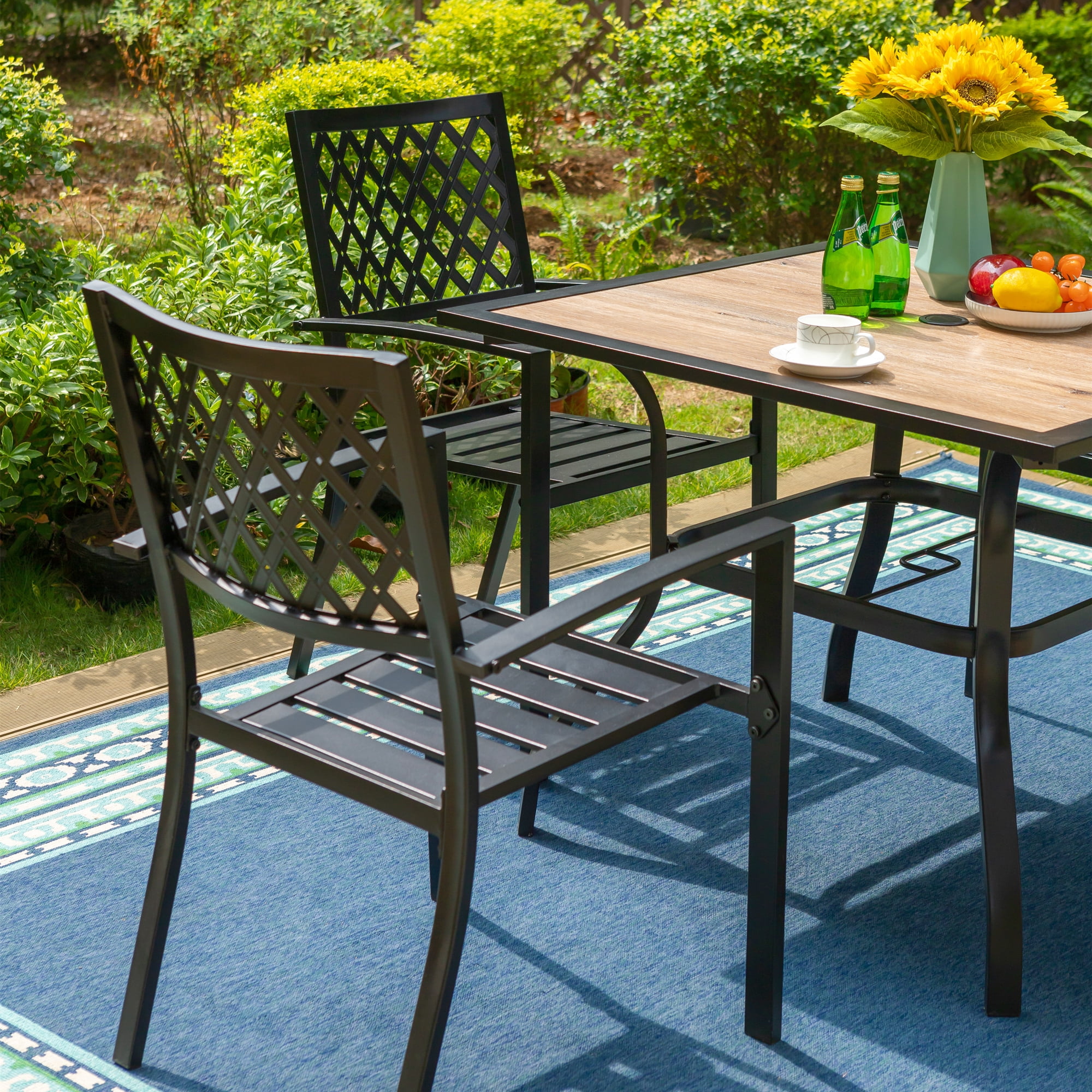 MF Studio 5-Piece Outdoor Patio Dining Set Modern Steel Furniture with 4 Slatted Armchairs and 1 Square Wood-like Table, Black - Image 6