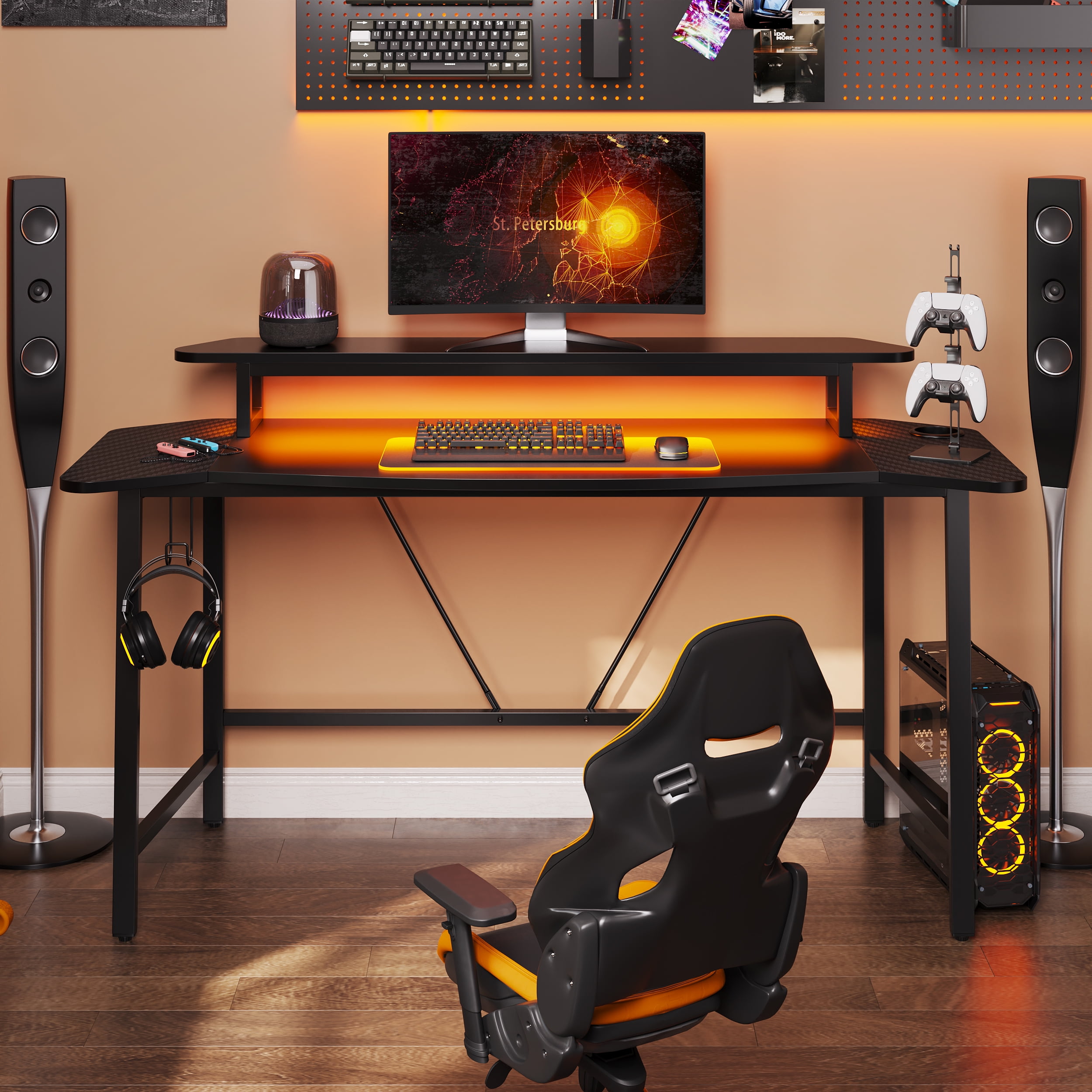 Bestier Gaming Desk 63" Ergonomic Computer Table with LED Lights Monitor Stand Cup Holder, Black - Image 6