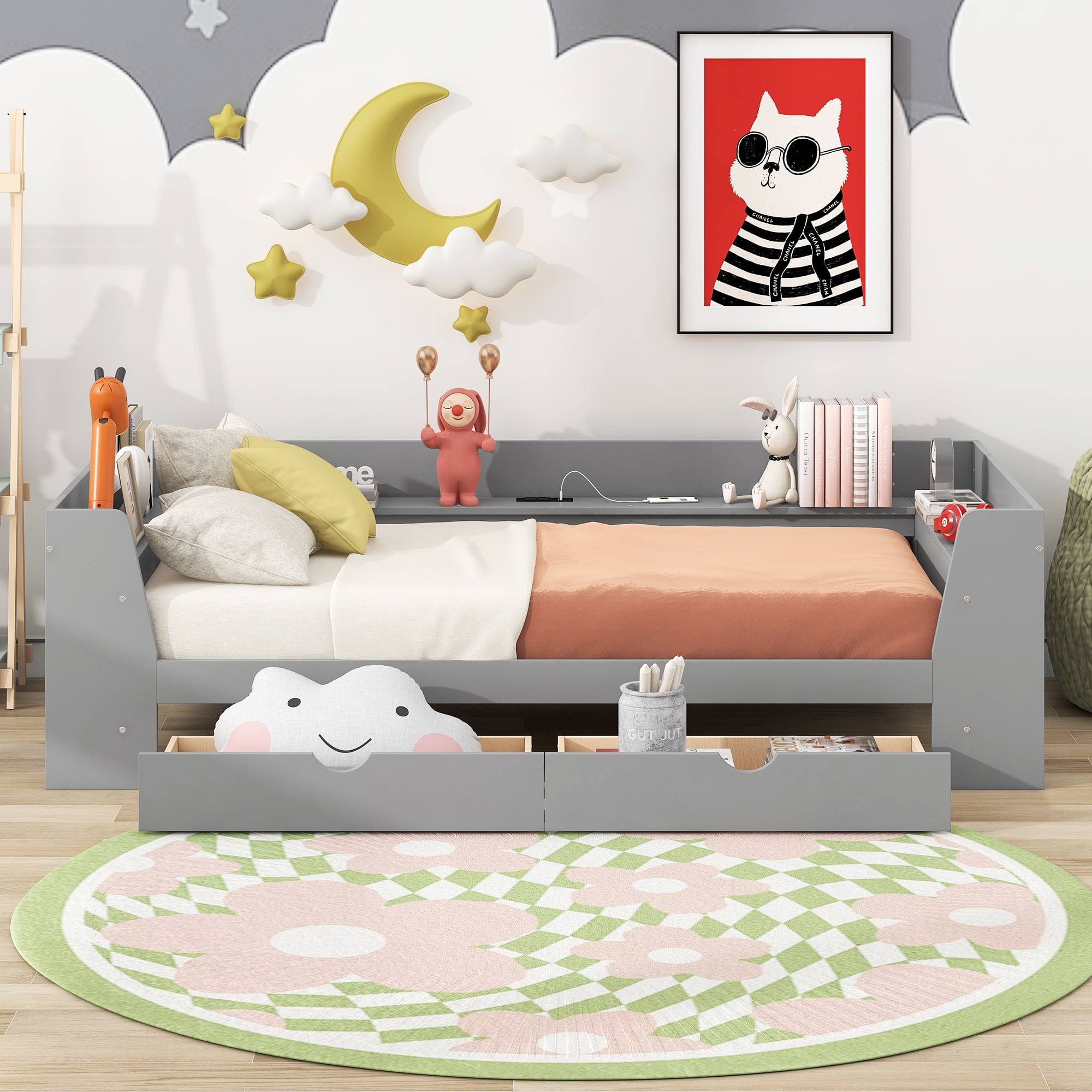 Euroco Twin Size Daybed with Shelf, Drawers and Charging Station for Bedroom, Gray - Image 2