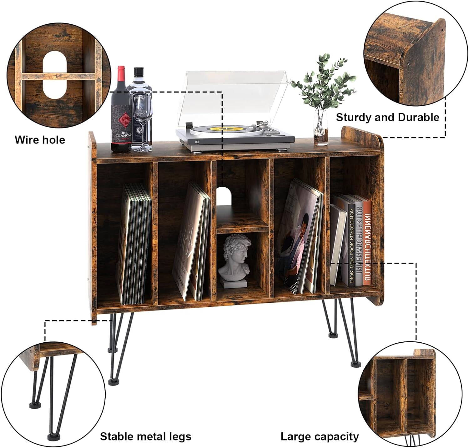 Record Player Stand Large Vinyl Record Storage holds Albums Brown Vinyl Holder Storage Shelf, Side End Table,Turntable Stand with metal legs for Bedroom, Living Room - Image 8