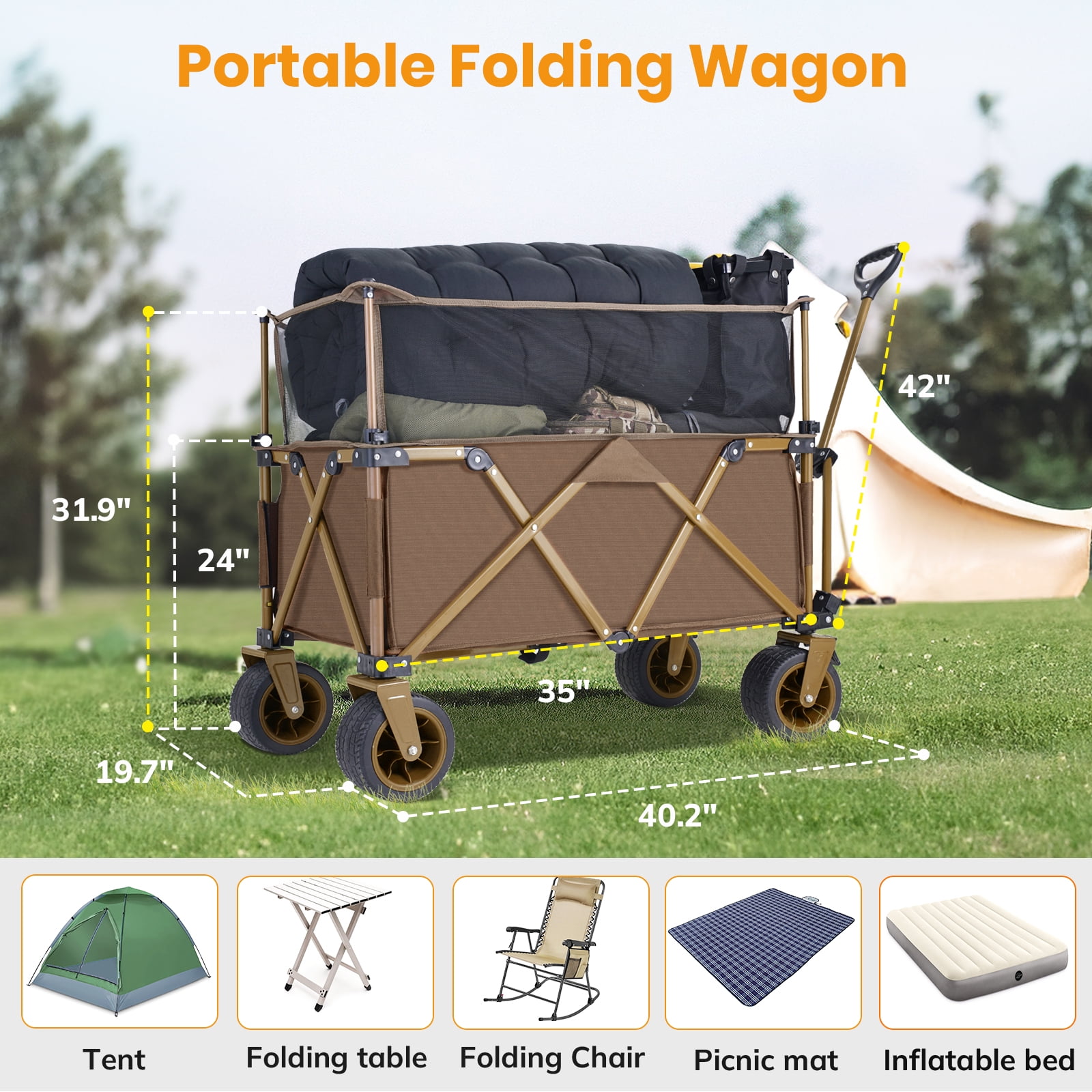 Collapsible Camping Beach Wagon, VECUKTY 350L Garden Cart, Heavy Duty Utility Fold Wagon with Big Wheel & Side Pickets for Garden, Camping, Sport, Shopping, Brown - Image 7