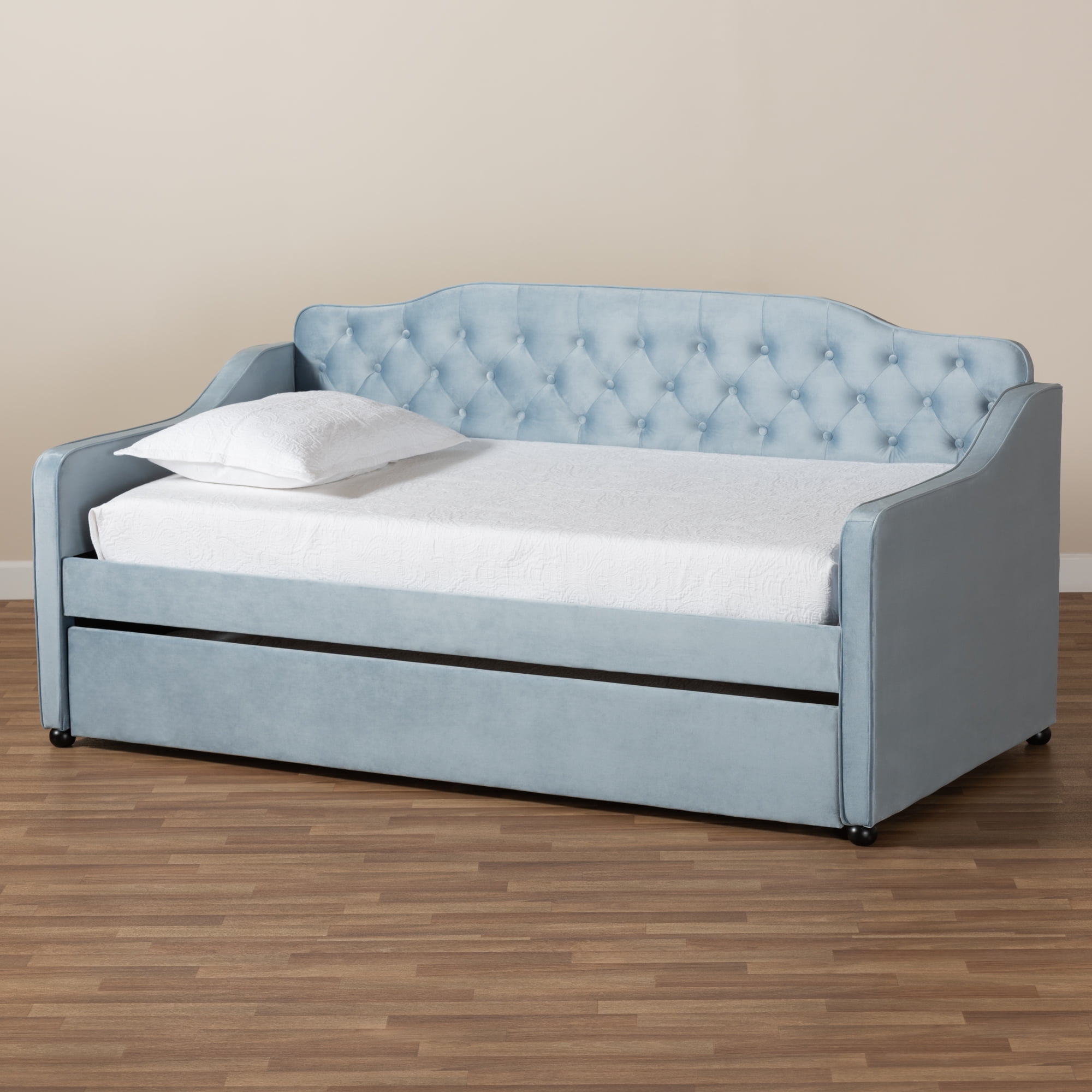 Baxton Studio Freda Transitional and Contemporary Light Blue Velvet Upholstered and Button Tufted Twin Size Daybed with Trundle - Image 5