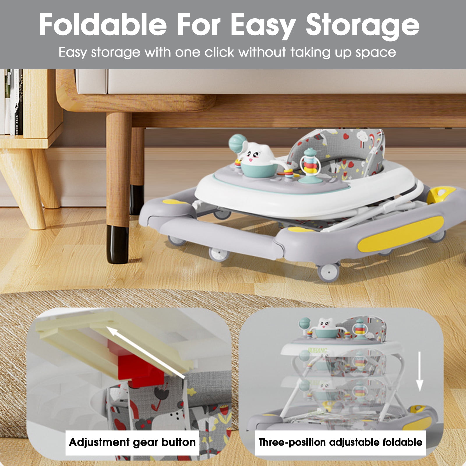 YYW 6-in-1 Baby Walker, Foldable Push Walker with Musical Activity Station for 6-24 Months, Gray - Image 8