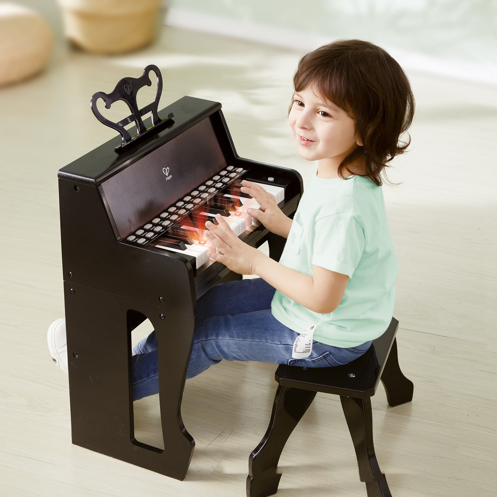 Hape: Learn With Lights Piano w/ Stool - Black - Wooden Electric Musical Toy, 25 Light-Up Keys, Demo Tunes, Record & Playback, Instrument, Kids Age 3+ - Image 2