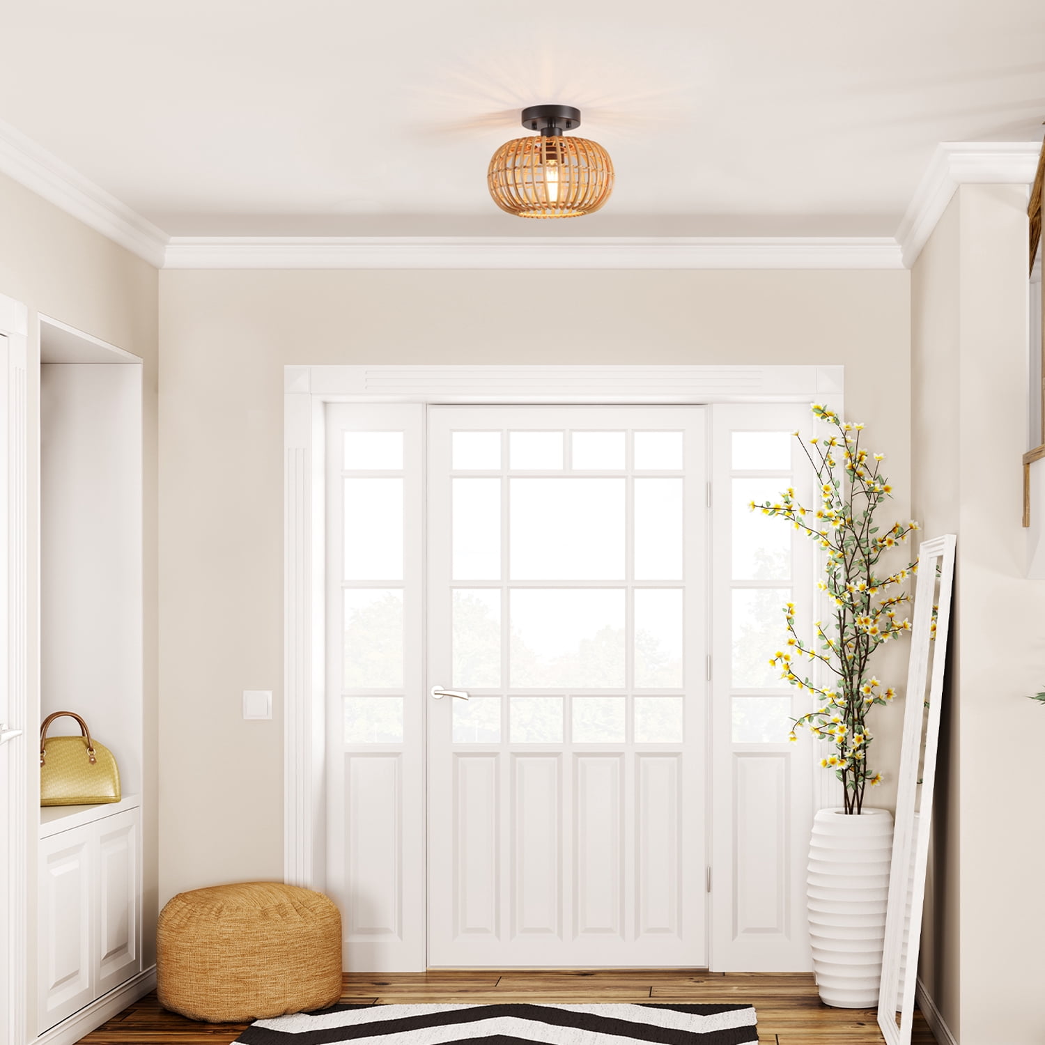 Globe Electric Fitz 1-Light Black Flush Mount Ceiling Light with Rattan Shade, 91000921 - Image 11