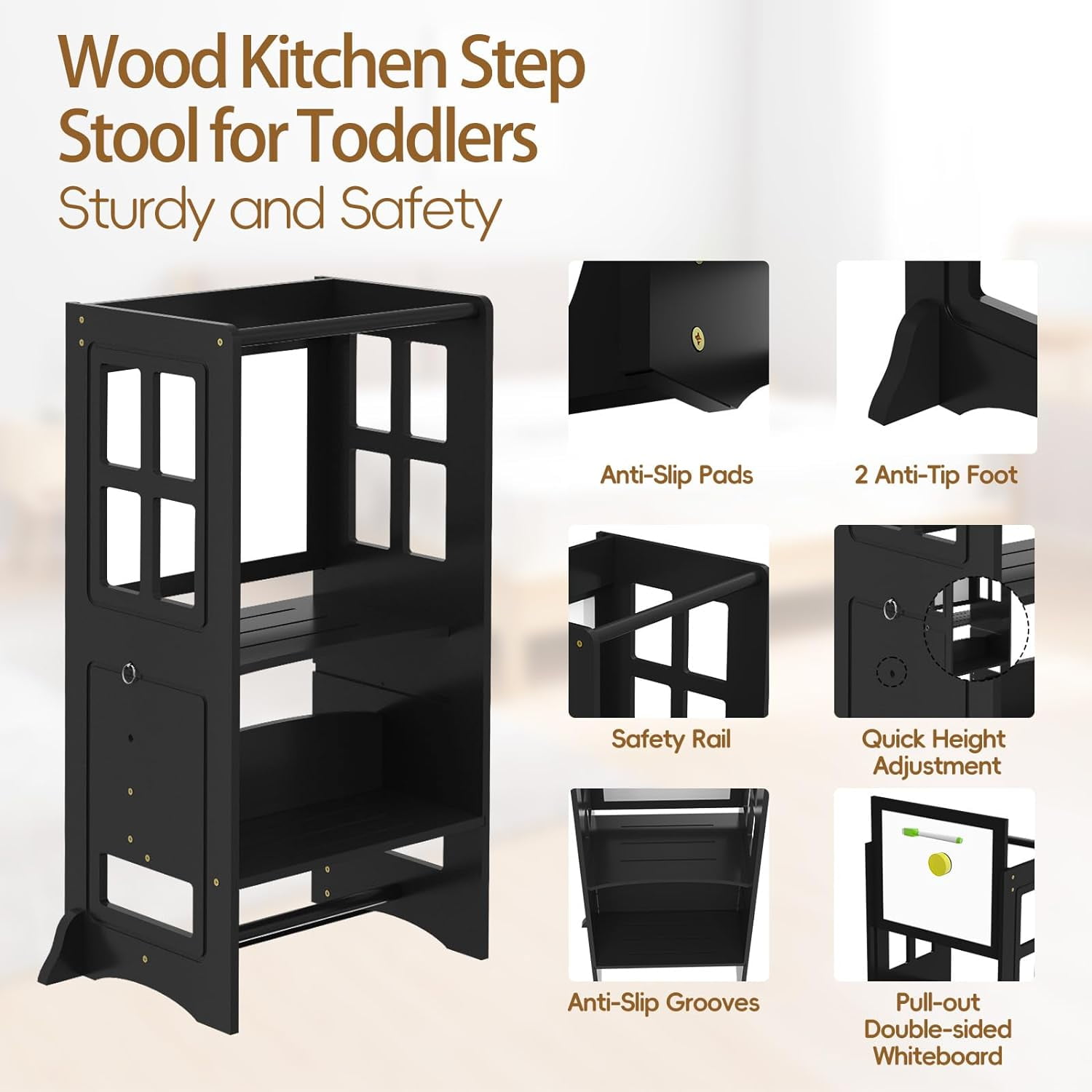 RETON Kitchen Step Stool with Non-Slip Mat, Whiteboard and Safety Rail,4 in 1 Wooden Toddler Standing Tower for Counter Bathroom Sink (Black) - Image 8