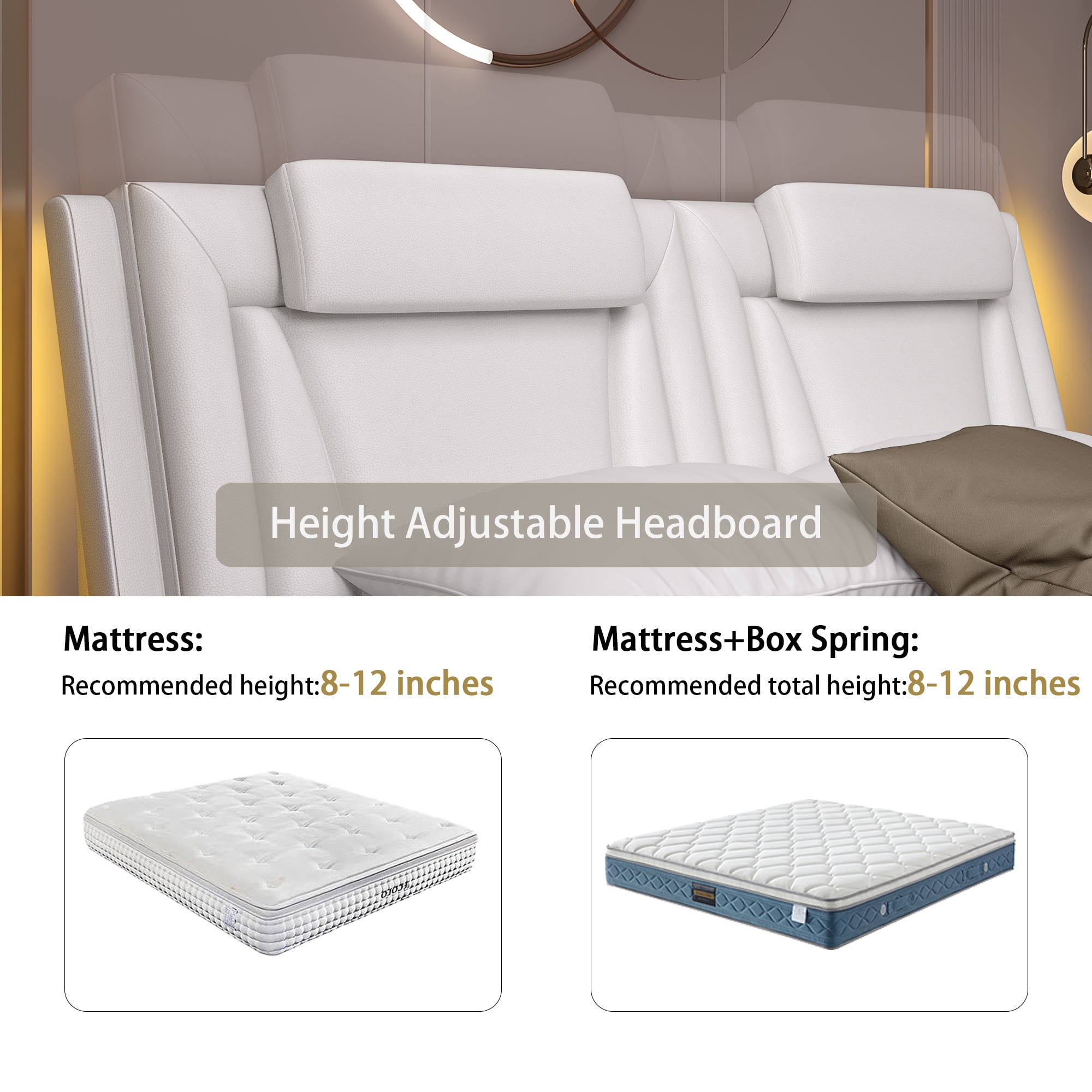 Homfa Queen Bed Frame with Adjustable LED Headboard, PU Leather Curved Upholstered Platform Bed Frame, White - Image 8