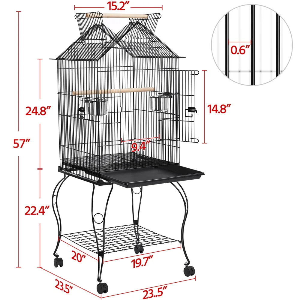 Alden Design 57" Rolling Metal Parrot Cage Bird with Open Top, Black - Image 6