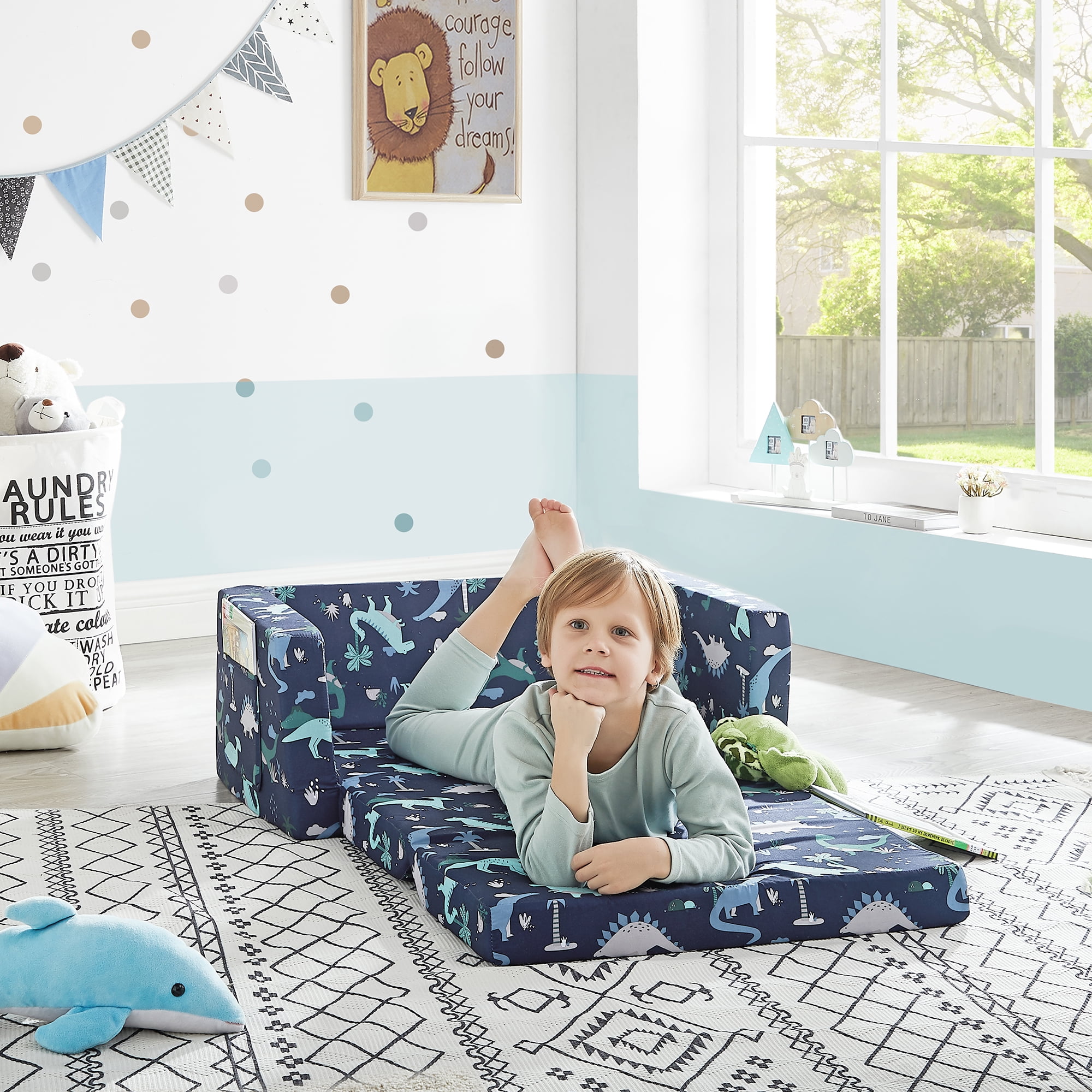 Ulax Furniture Convertible 2-in-1 Flip Open Kids Loveseat/ Couch/ Sleeper Sofa (Navy Dinosaur) - Image 4