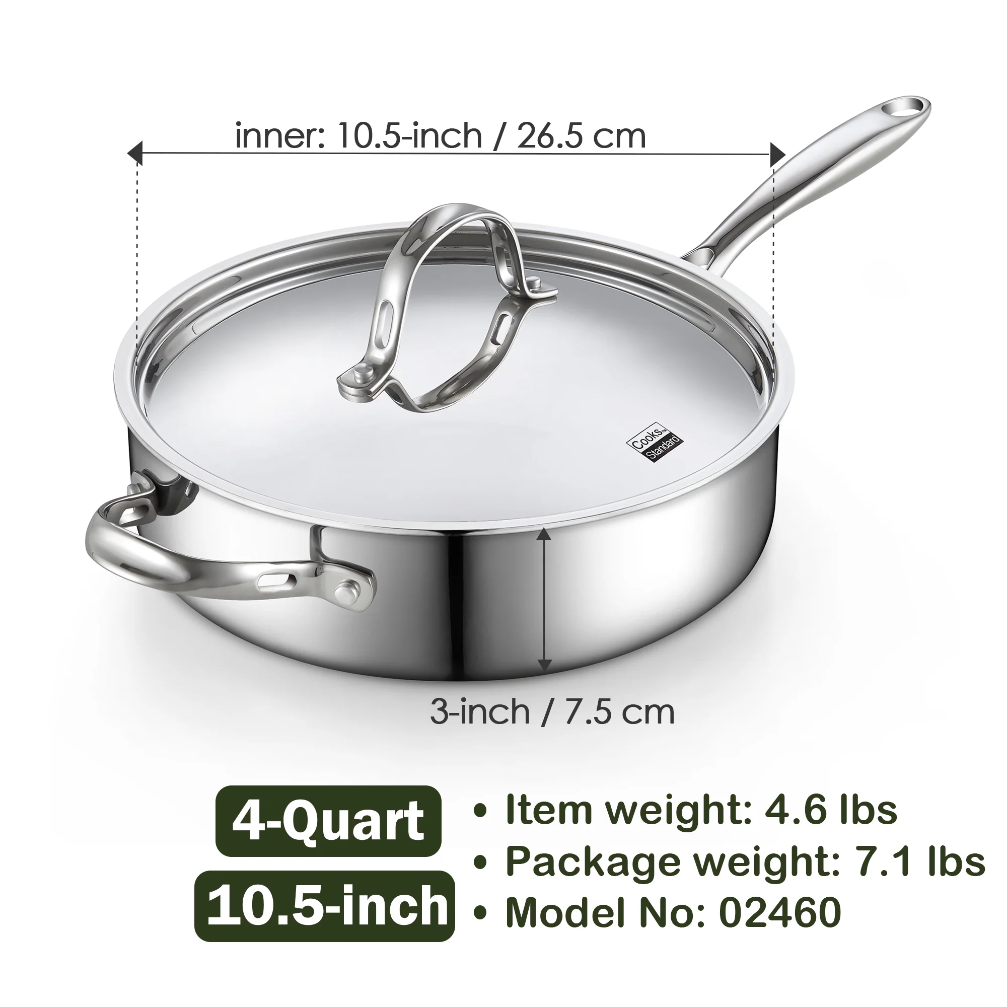 Cooks Standard Multi-Ply Clad Stainless Steel Deep Saute Pan, 4-Quart Jumbo Cooker with Helper Handle, Induction Frying Pan Skillet with Lid Heavy Duty Cookware - Image 5