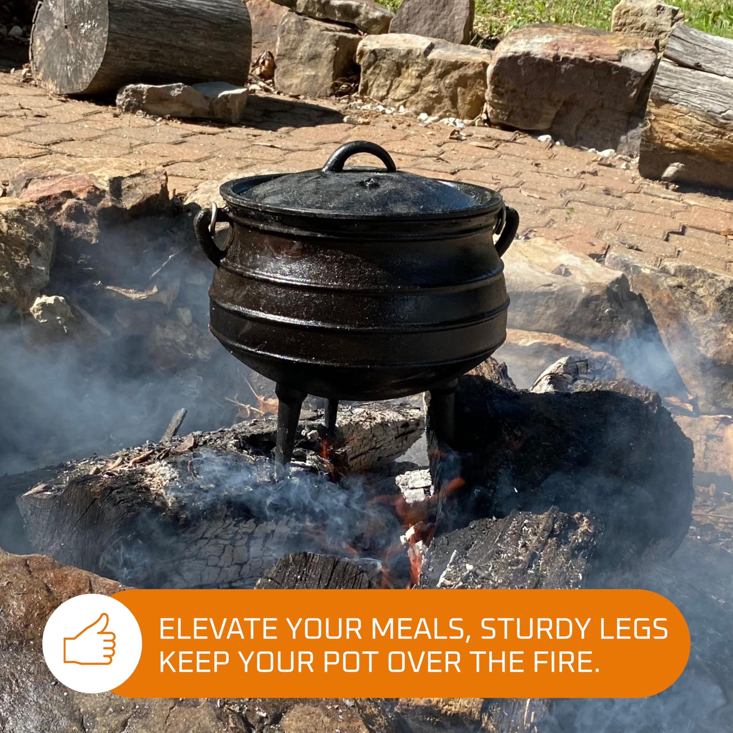 Bruntmor 8-Quart Pre-Seasoned Cast Iron Cauldron - African Potjie Pot with Lid - 3-Legged Pot for Even Heat Distribution - Outdoor Cast Iron Dutch Oven Cookware for Campfire Cooking and Boiling - Image 5