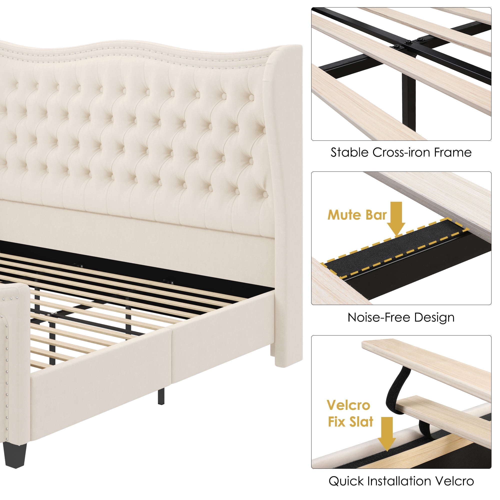 Homfa Queen Size Bed Frame, Modern Velvet Tufted Wingback Bed, Platform Bed with 55"H Upholstered Headboard, Off-White - Image 10