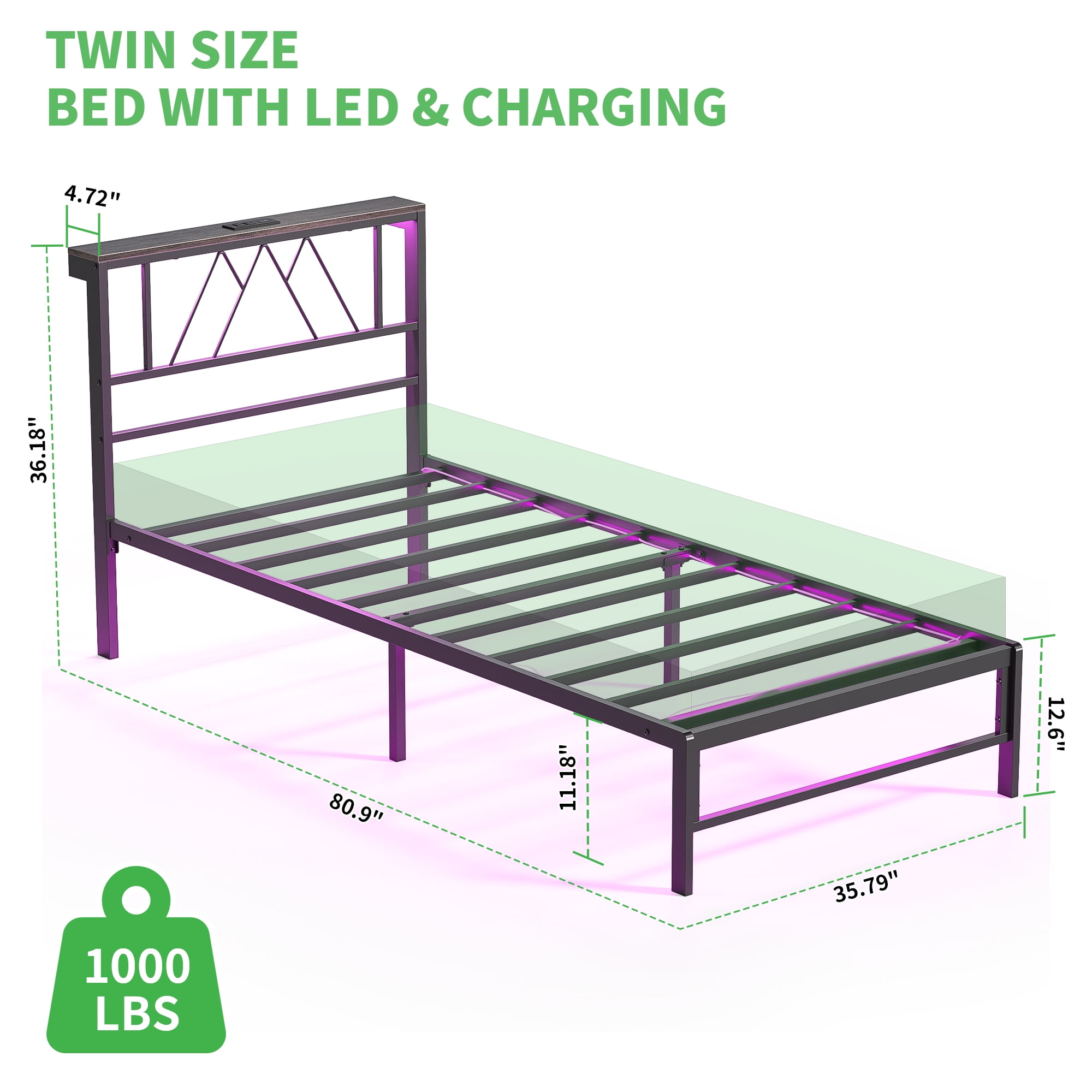 Yoneston Kids Twin Bed Fame with Charging Station LED Storage Headboard, Sturdy Metal Platform Bed Frame with Under-Bed Light for Boys Girls, Black - Image 5