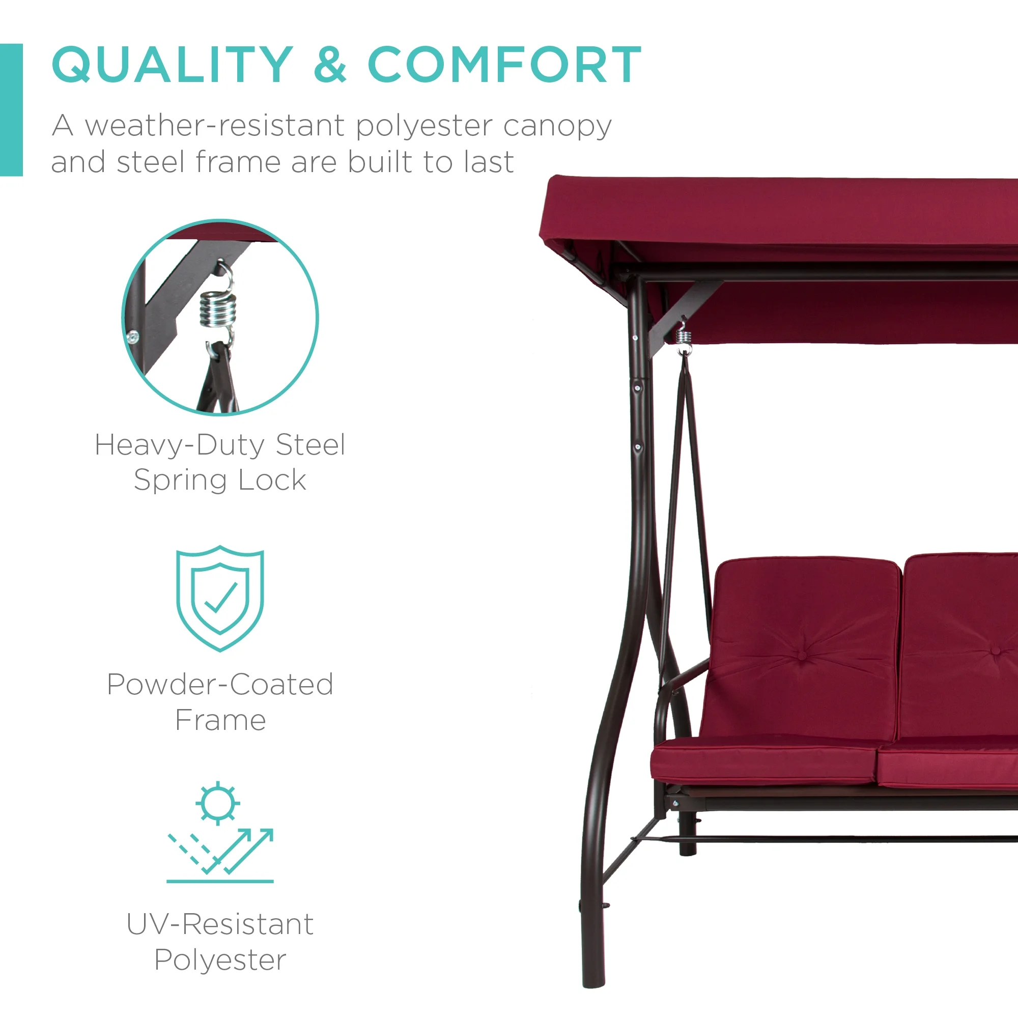 Best Choice Products 3-Seat Outdoor Converting Canopy Swing Glider Patio Hammock w/ Removable Cushions - Burgundy - Image 4