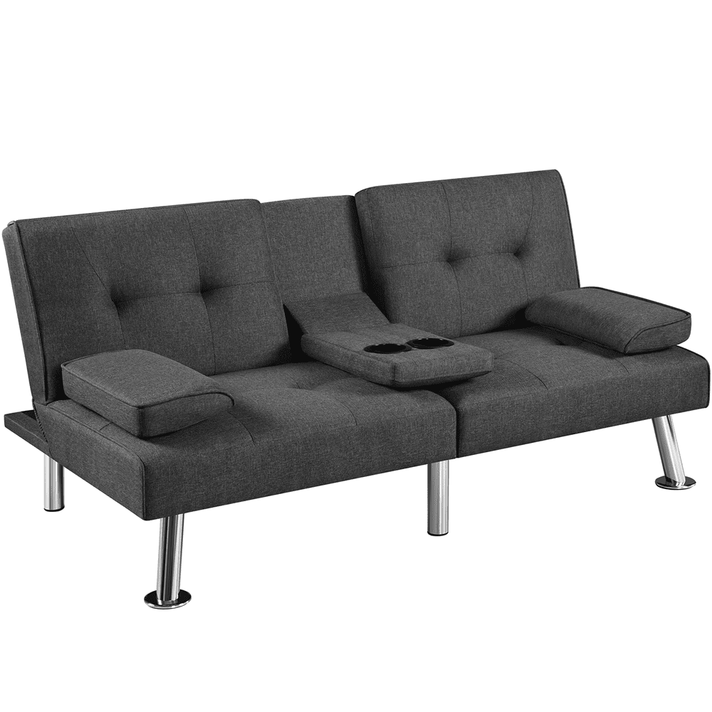 Renwick Fabric Upholstered Convertible Futon Sofa Bed with Cup Holders and Pillows, Dark Gray - Image 11