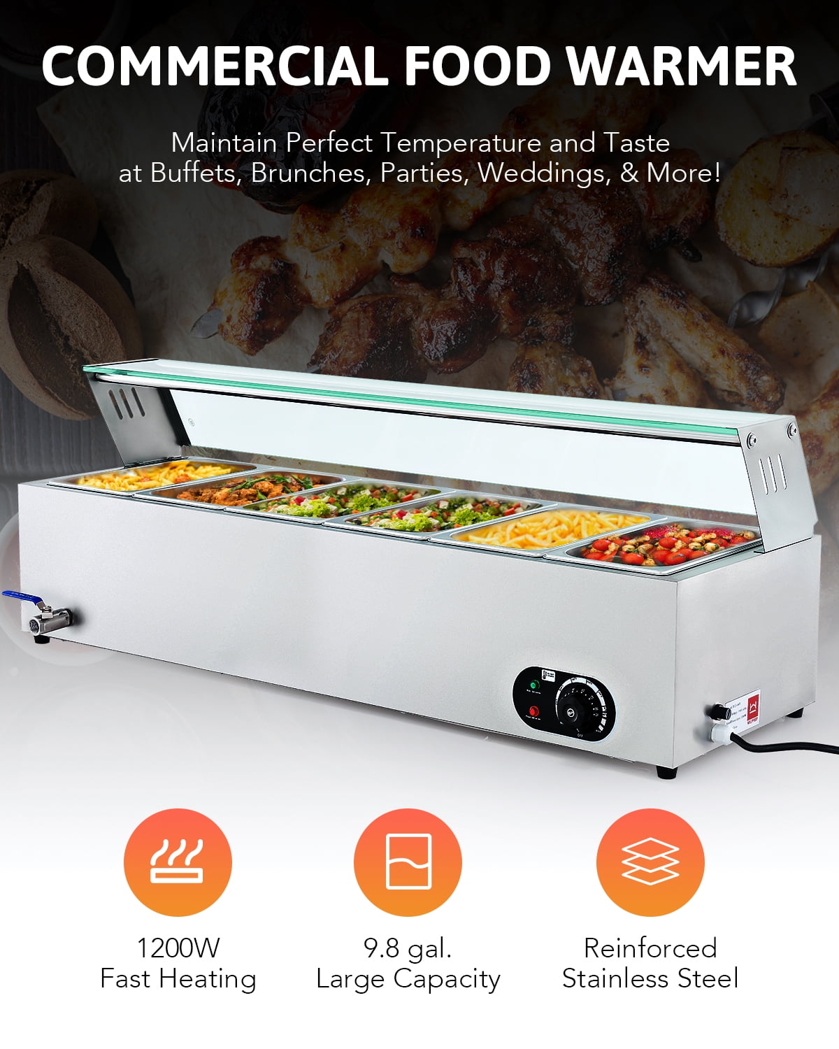 Wilprep Commercial Food Warmer,6 Pan Bain Marie Bain Marie Food Warmer with Glass Shield,Electric Countertop Food Warmer - Image 7