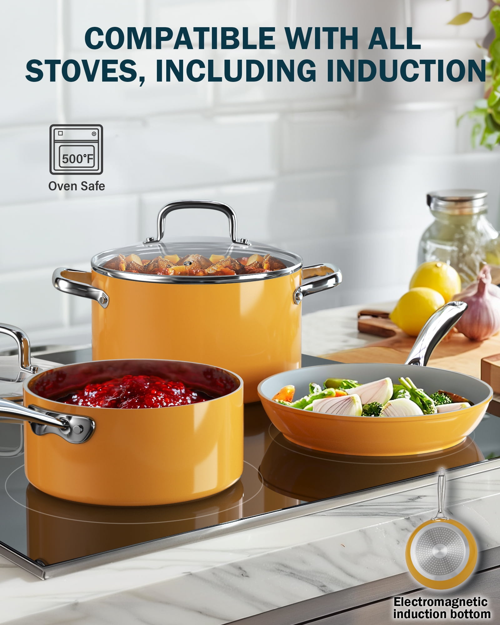 Cook N Home Pots and Pans Set Non Stick, 10-Piece Hard Anodized Nonstick Healthy Ceramic Cookware Set, Induction Cookware Cooking Set with Stay-Cool Handles, Nylon Kitchen Utensils, Oven Safe, Yellow - Image 2