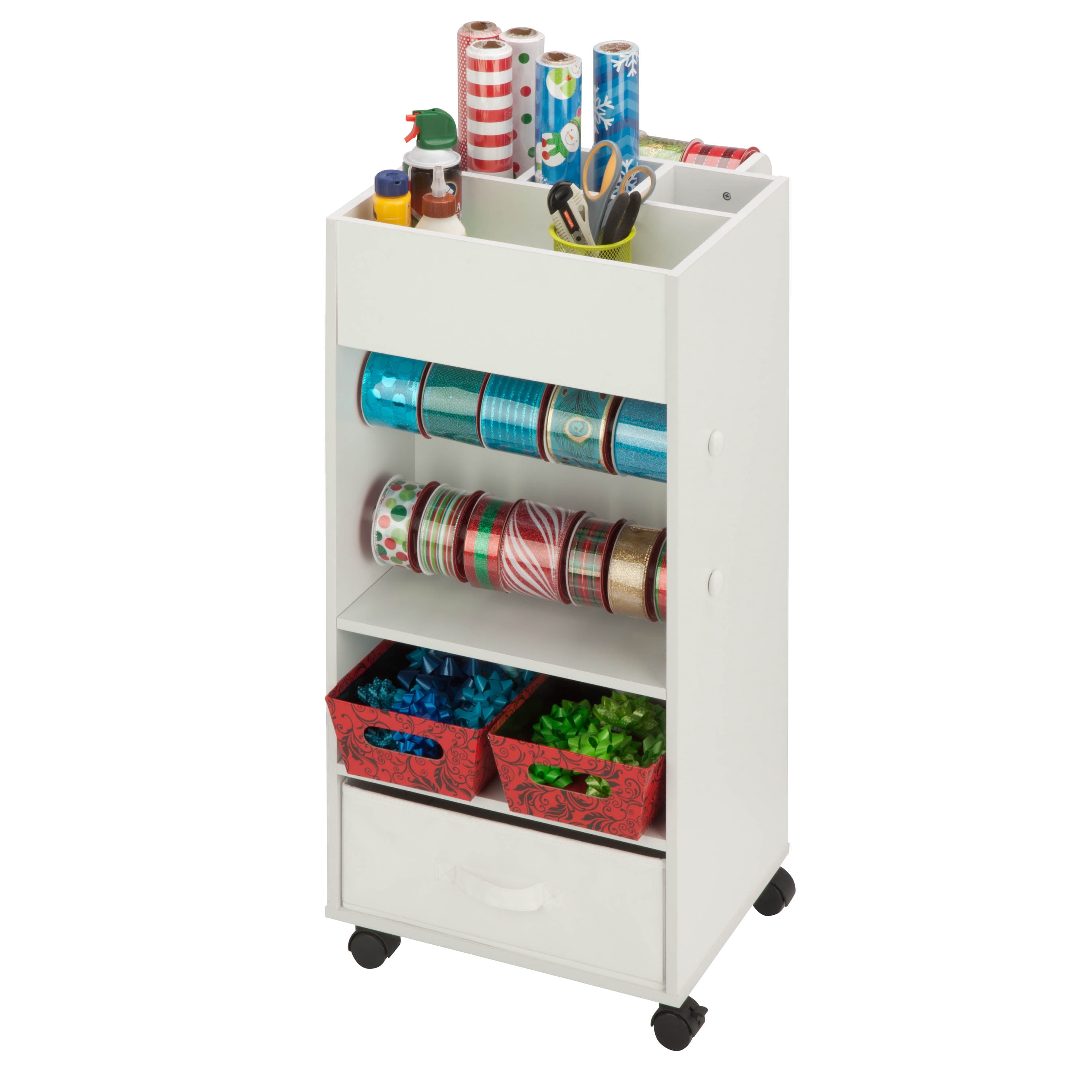 Honey-Can-Do 5-Tier Craft or Gift Wrap Storage Cart with Fabric Drawer, Dowel Rods, and Compartments, White - Image 3