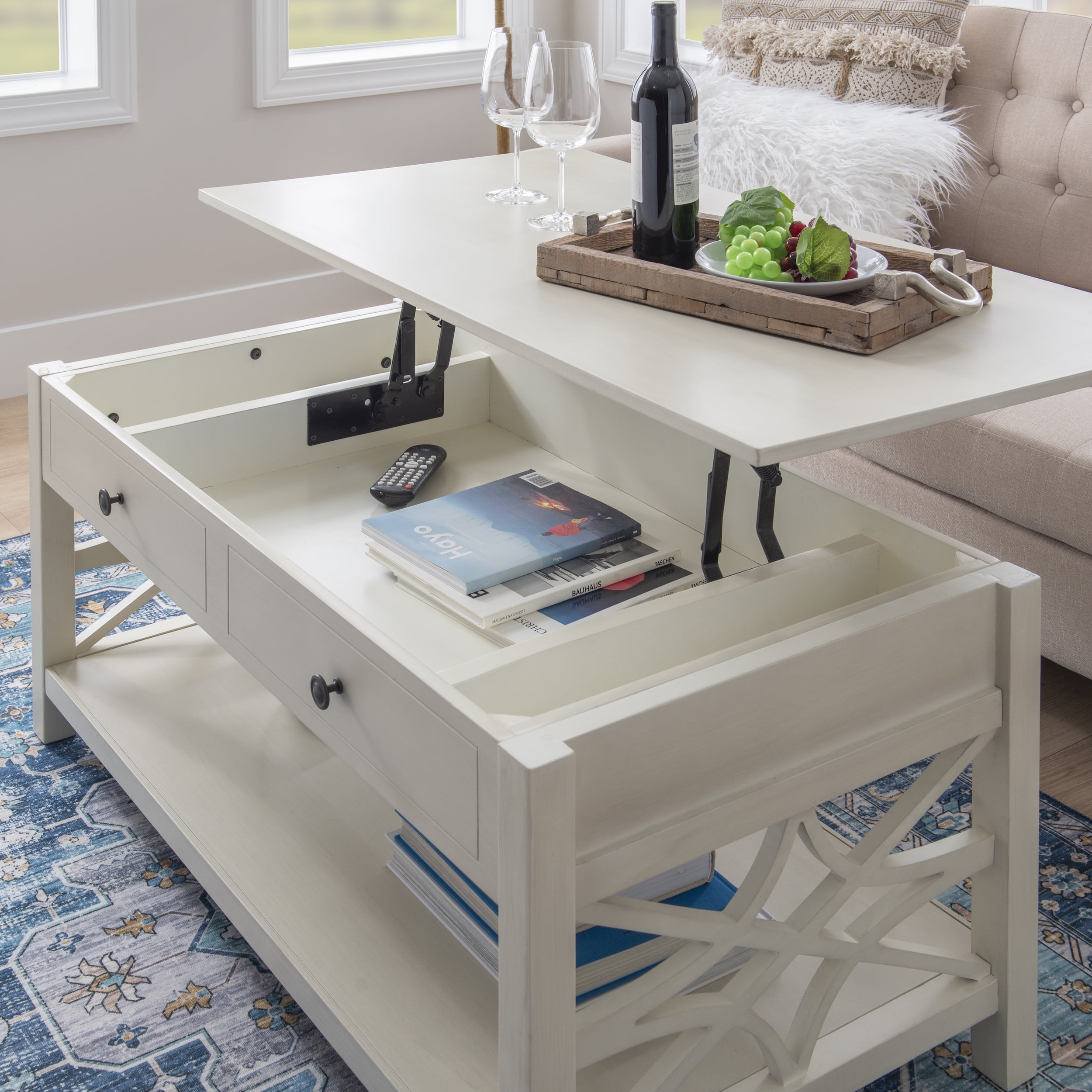 Linon Lift Top Storage Pine Wood Coffee Table, White - Image 14