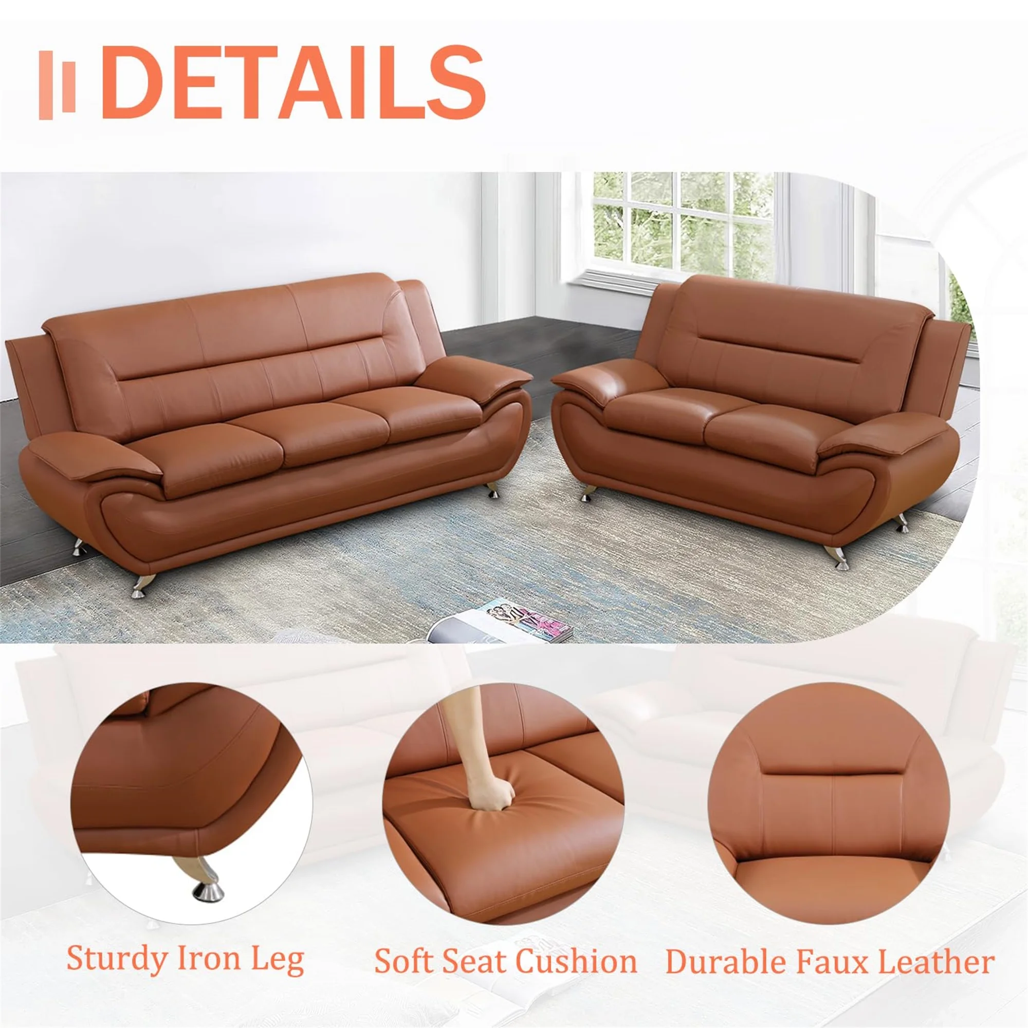 Aukfa 3 Piece Sofa Set - 79" Upholstered 3 Seat Sofa Couch for Living Room Bedroom, Leather, Orange - Image 3