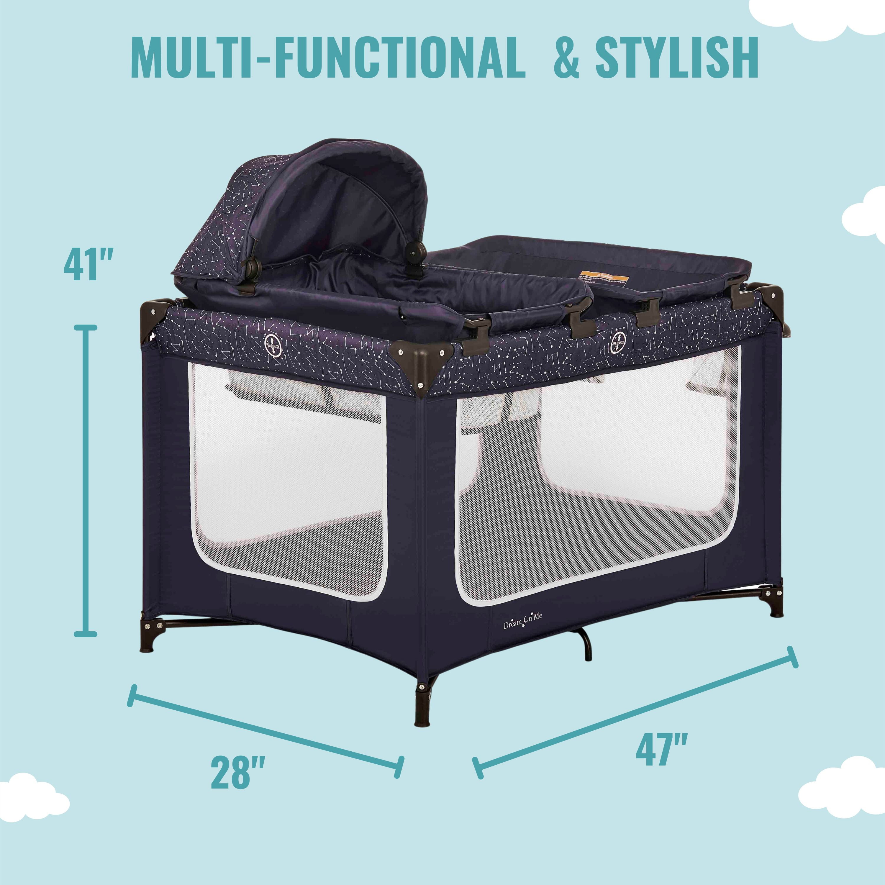 Dream On Me Emily Rose Deluxe Playard with Changing Tray and Infant Bassinet | with Canopy | Waterproof Fabric | with Changing Station | JPMA Certified | Lightweight In In Galaxy Blue - Image 2