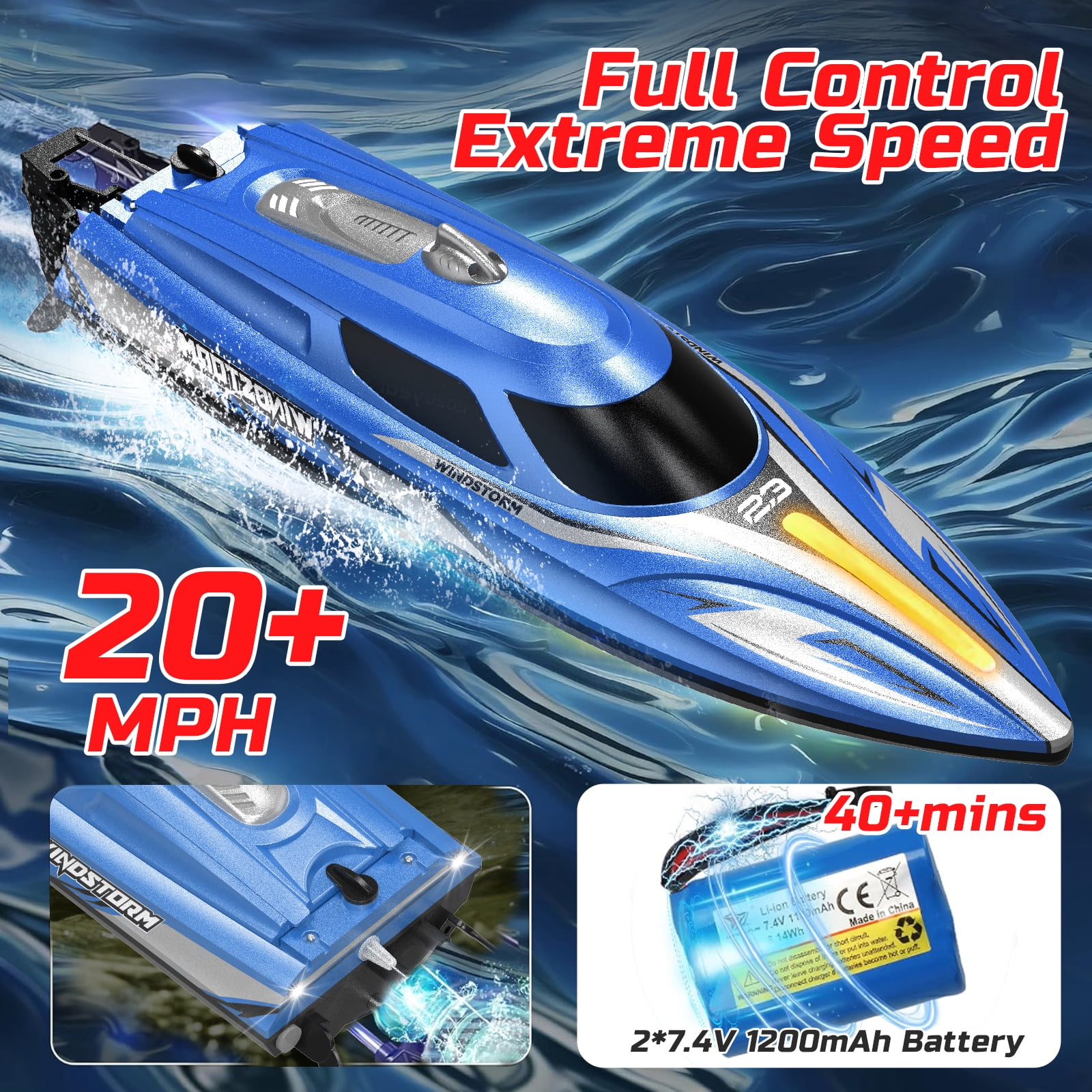JoyStone 20+ mph RC Boat for Pool & Lakes, 14 inch Remote Control Boat with LED Lights, 2 Batteries 40Mins, Pool Toys for Adults & Kids (Blue) - Image 4